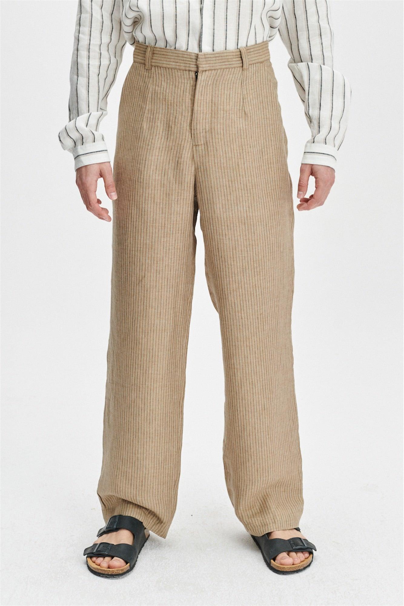 Relaxed Wide Leg Trousers in a Beige Subtle Striped Fine Italian Linen