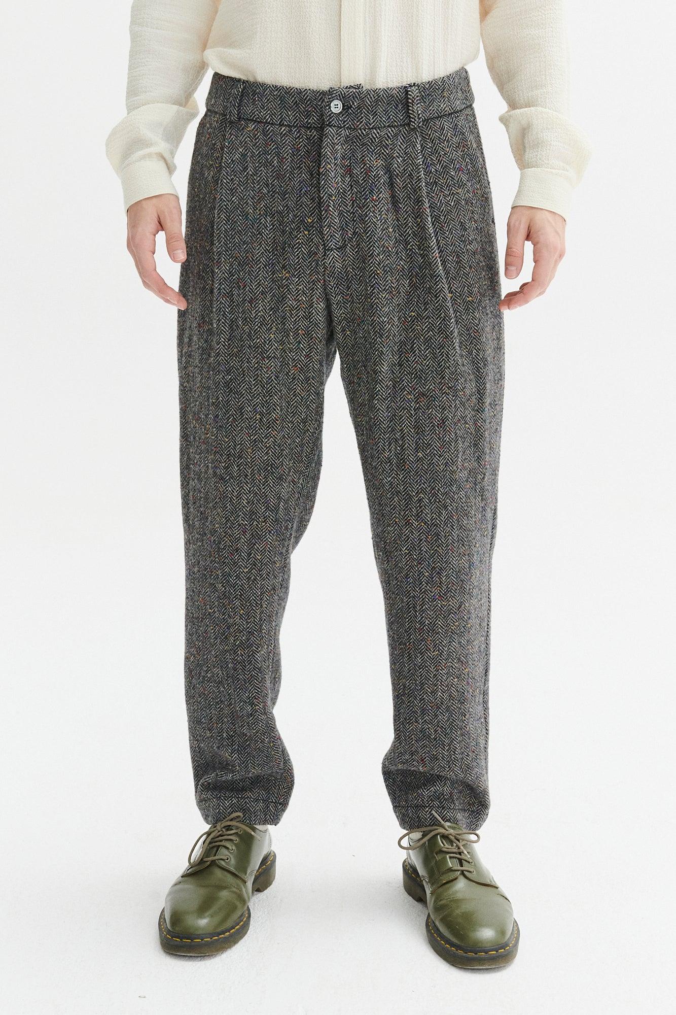Genuine Trousers in a Grey and Black Italian Virgin Wool Herringbone Tweed