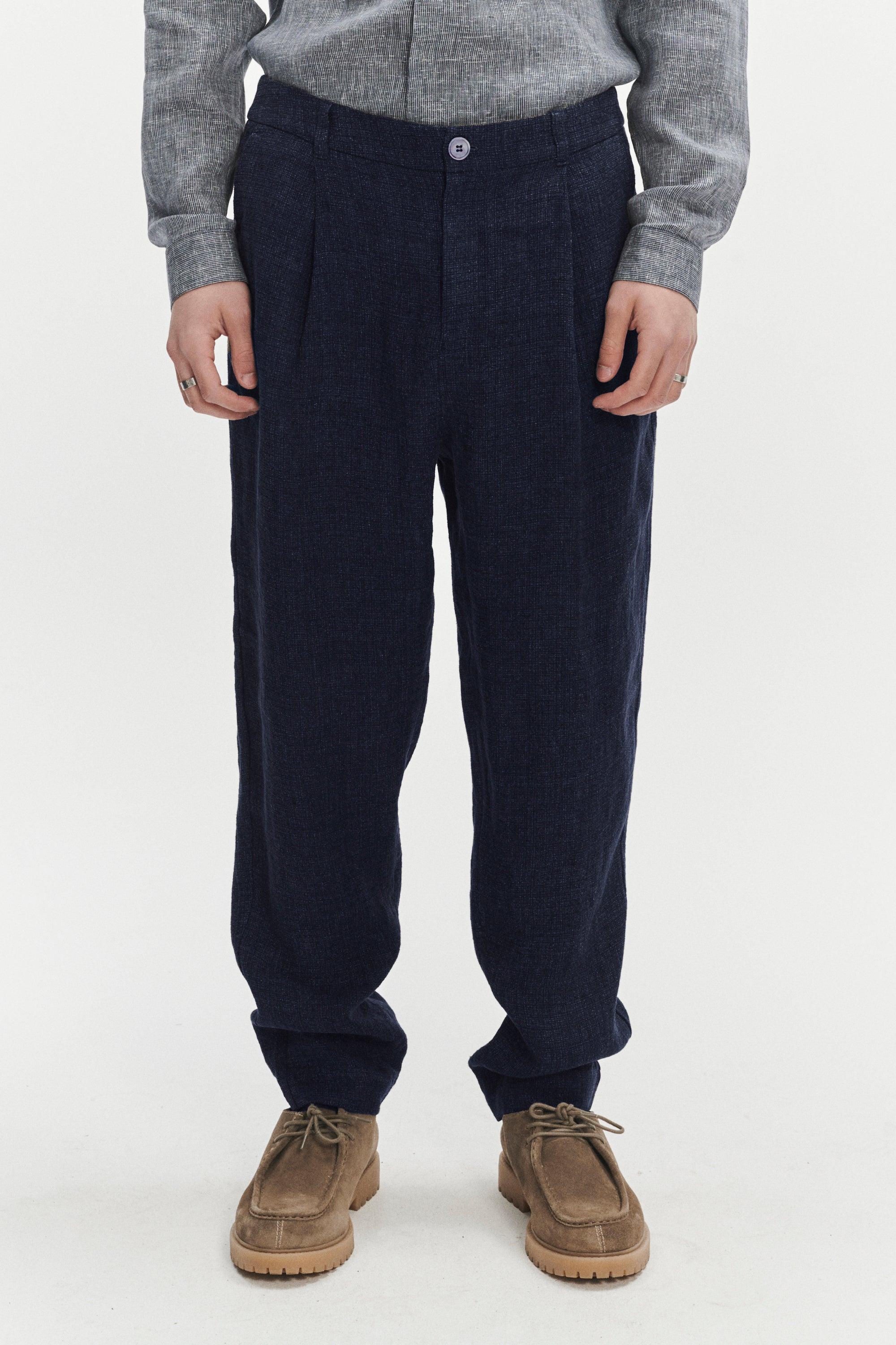 Genuine Trousers in a Navy Blue Fluid Italian Linen Crepe