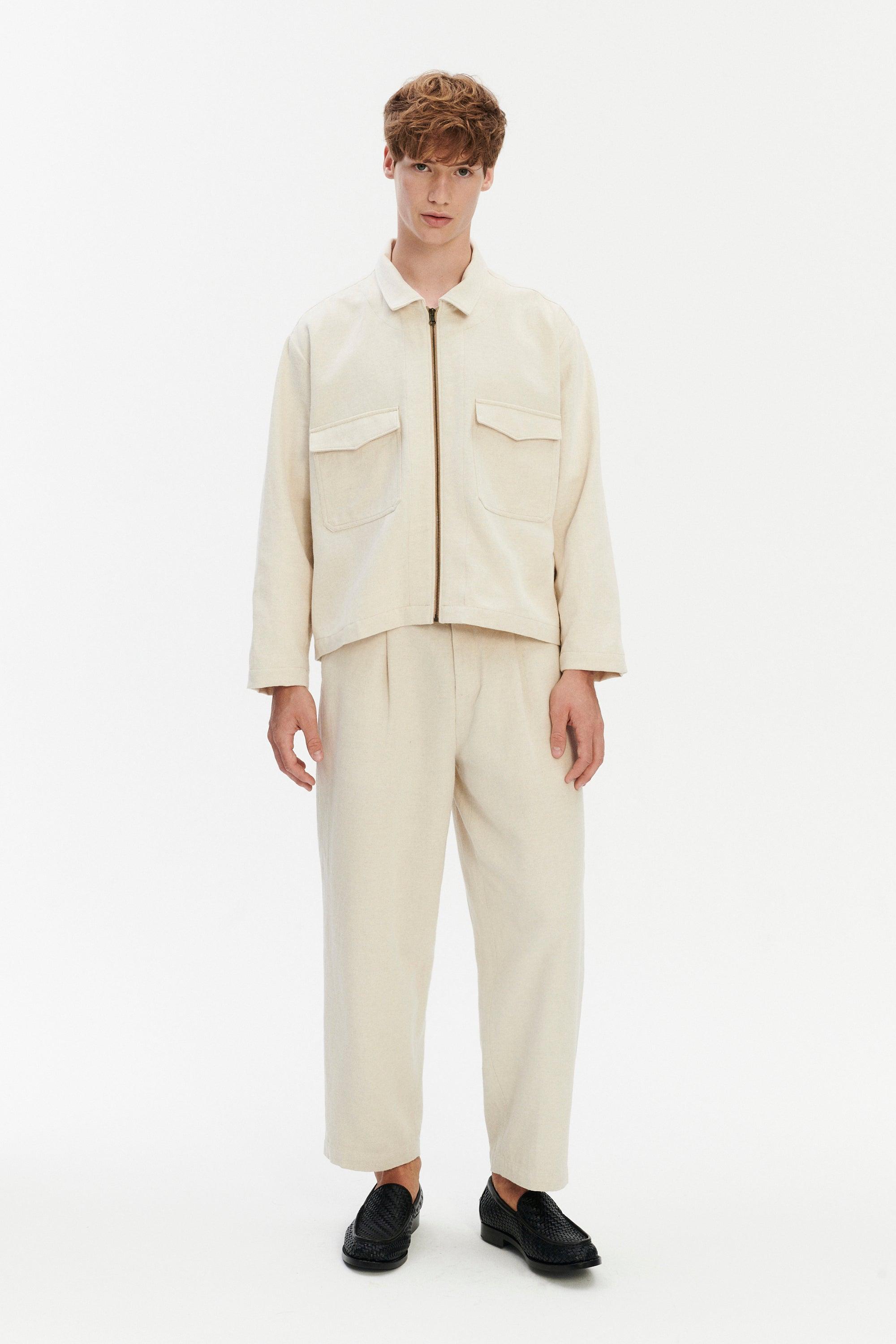 Palermo Workwear Jacket in an Ecru White Japanese Blend of Wool, Cotton and Linen