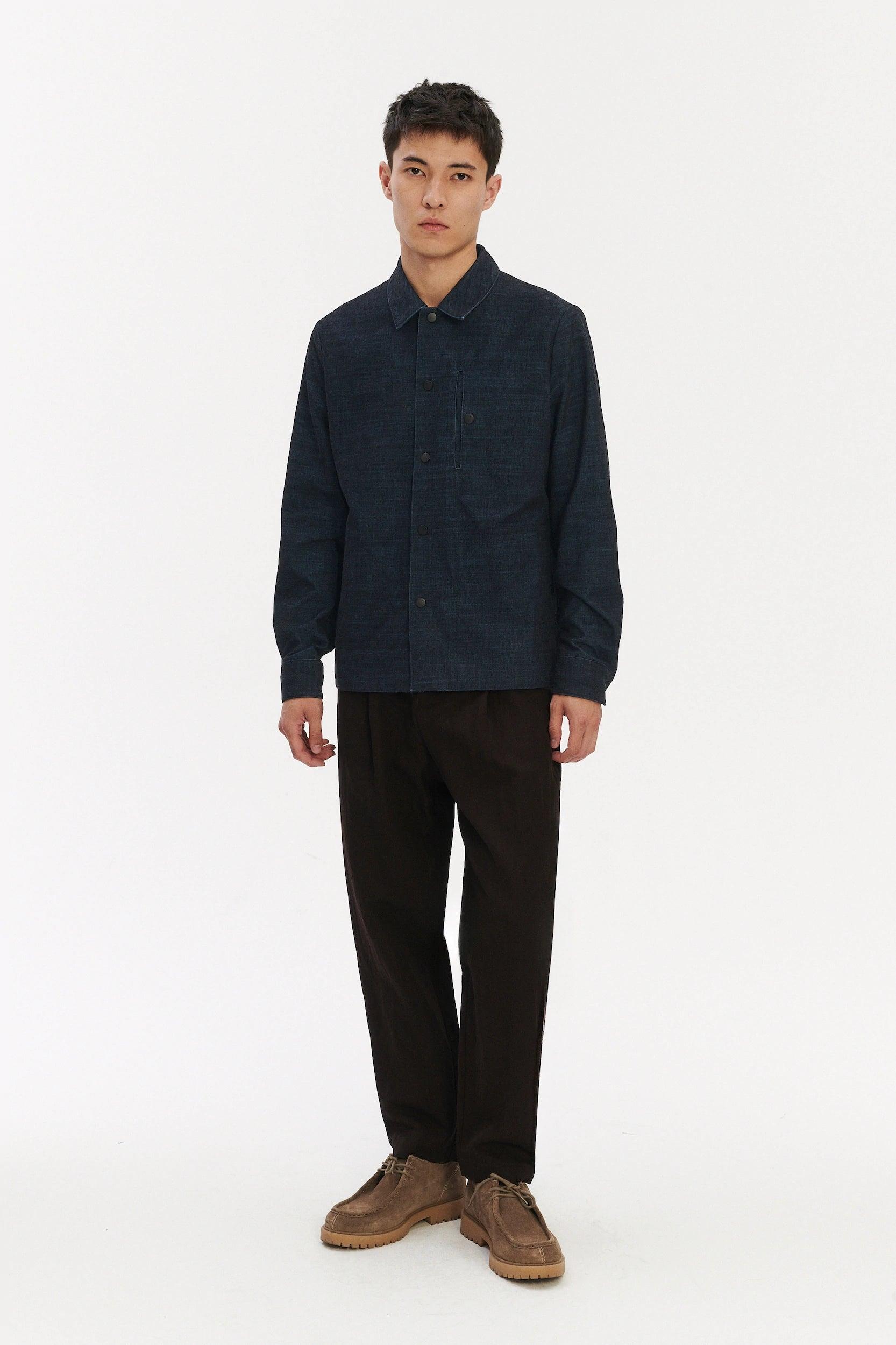 Snap Button Jacket in a Dark Blue Melange Italian Corduroy Cotton
