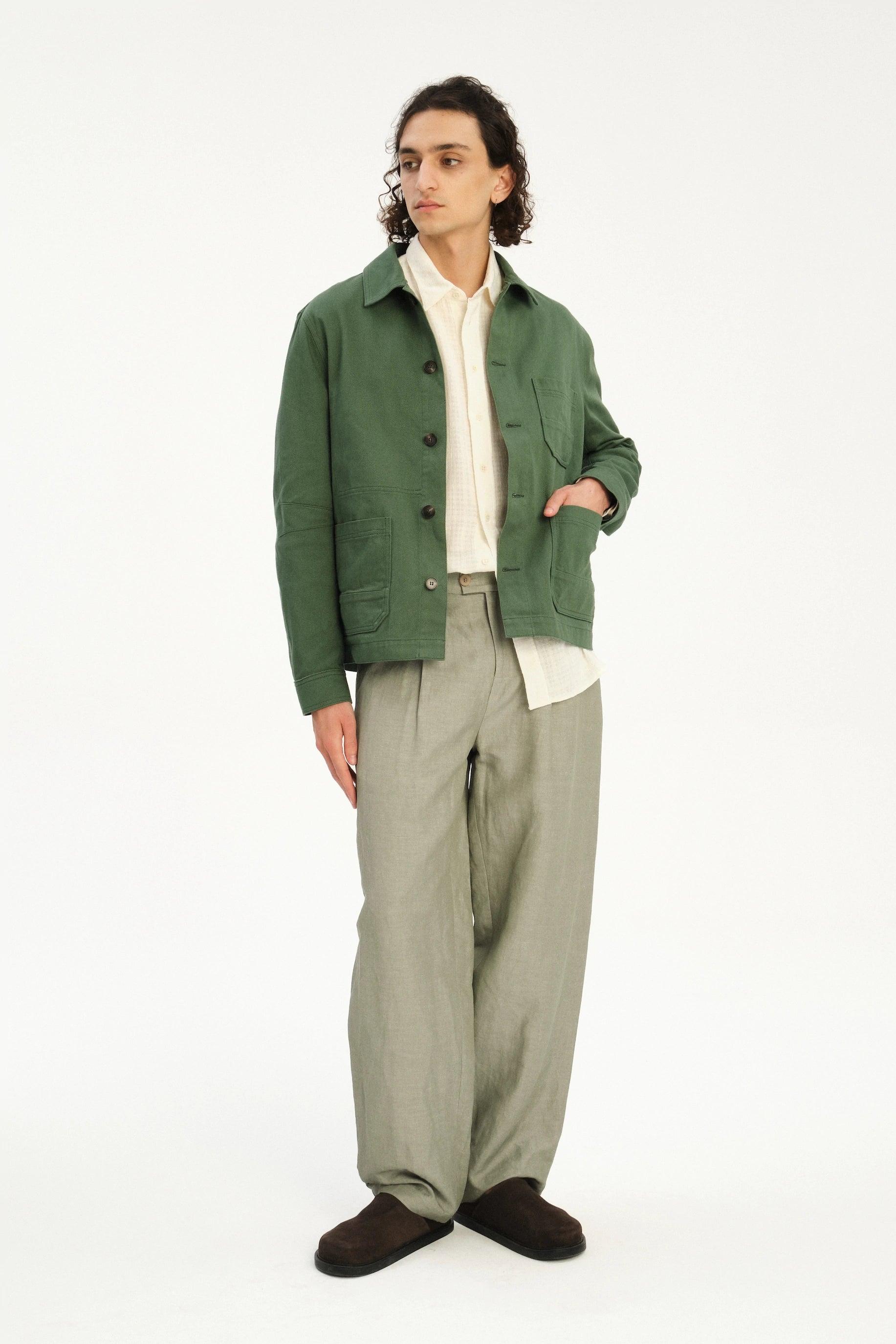 Dijon Workwear Jacket in a Summer Moss Green Japanese Cotton