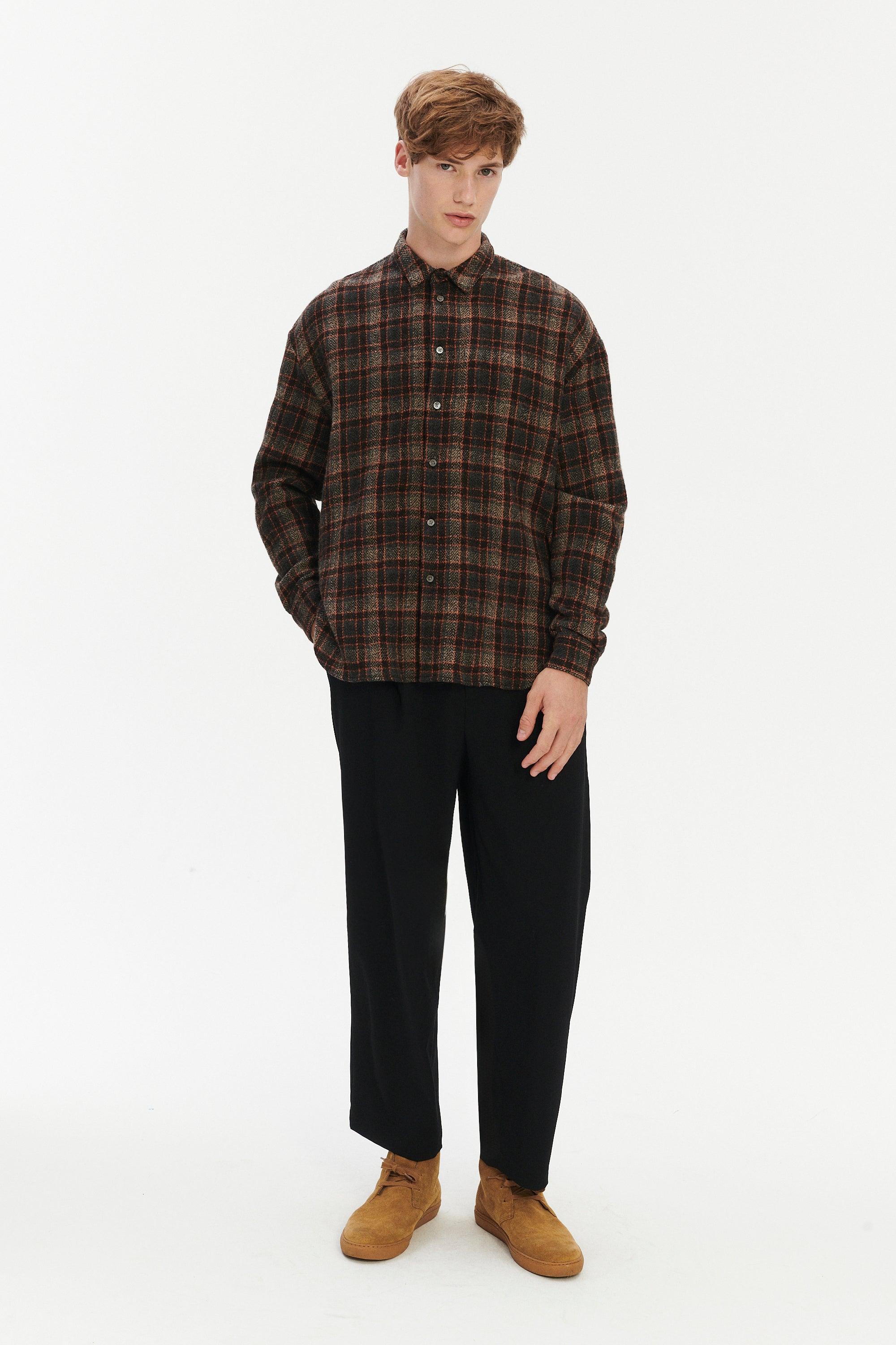 Oversized Arnhem Shirt in Japanese Light Combed Wool - Brown Orange Check