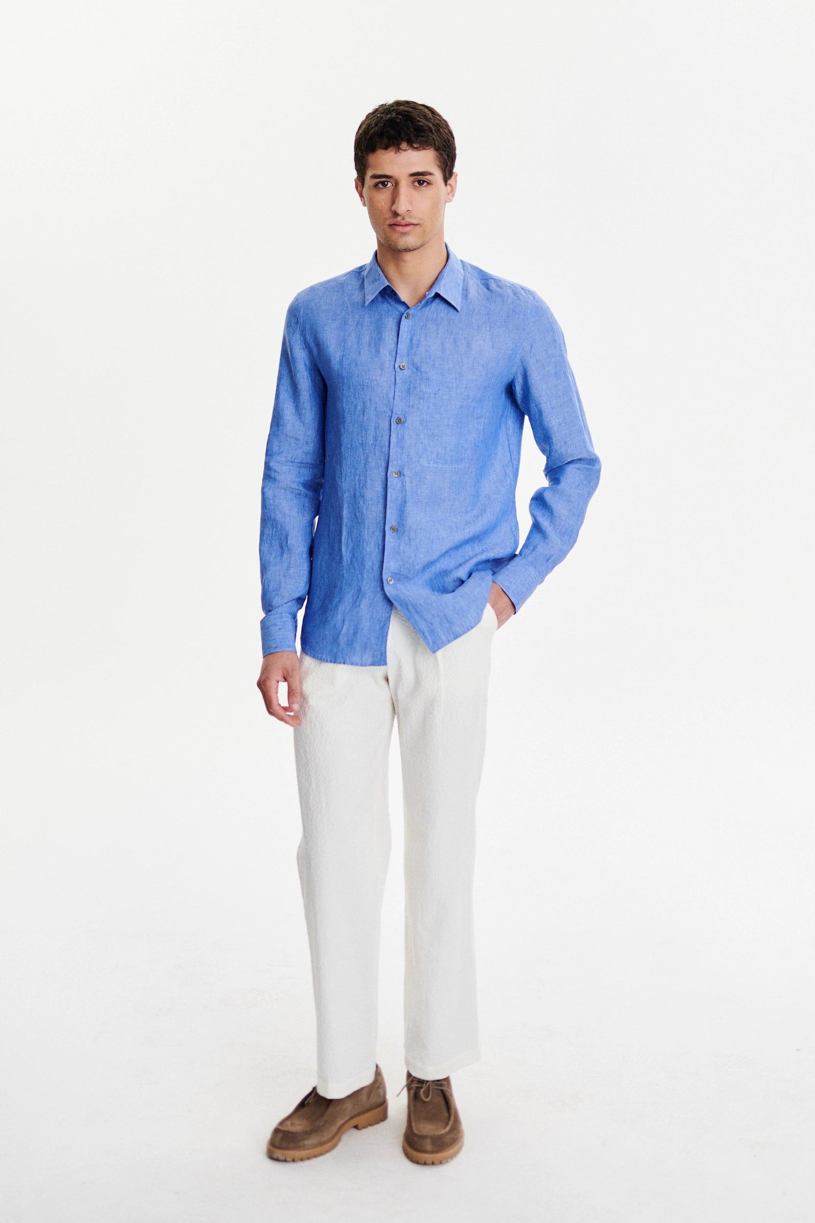 Feel Good Shirt in a Sardinian Blue Traceable Italian Linen