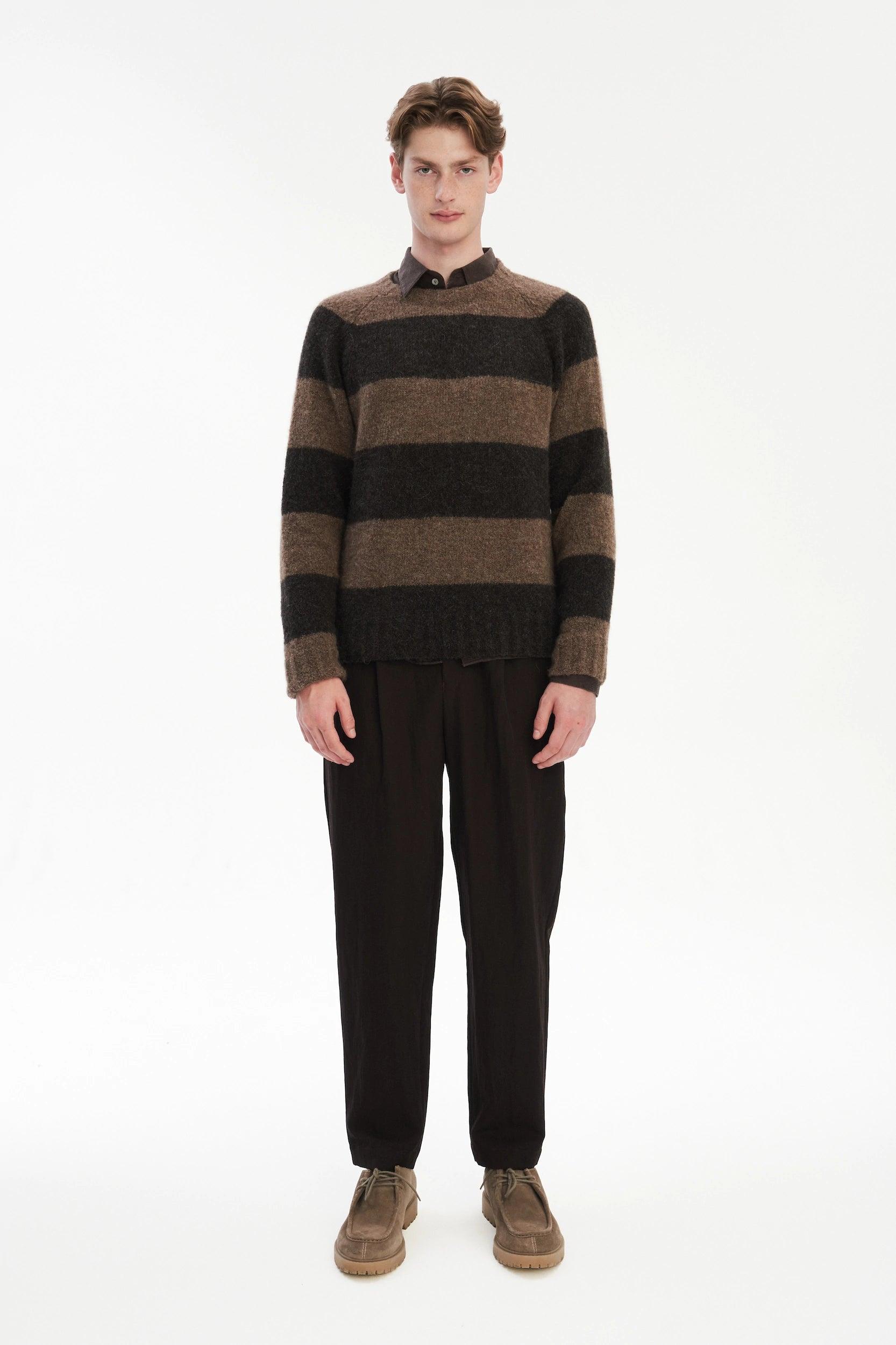 Crewneck Sweater in a Brown Stripe Brushed Sustainable Italian Alpaca Wool