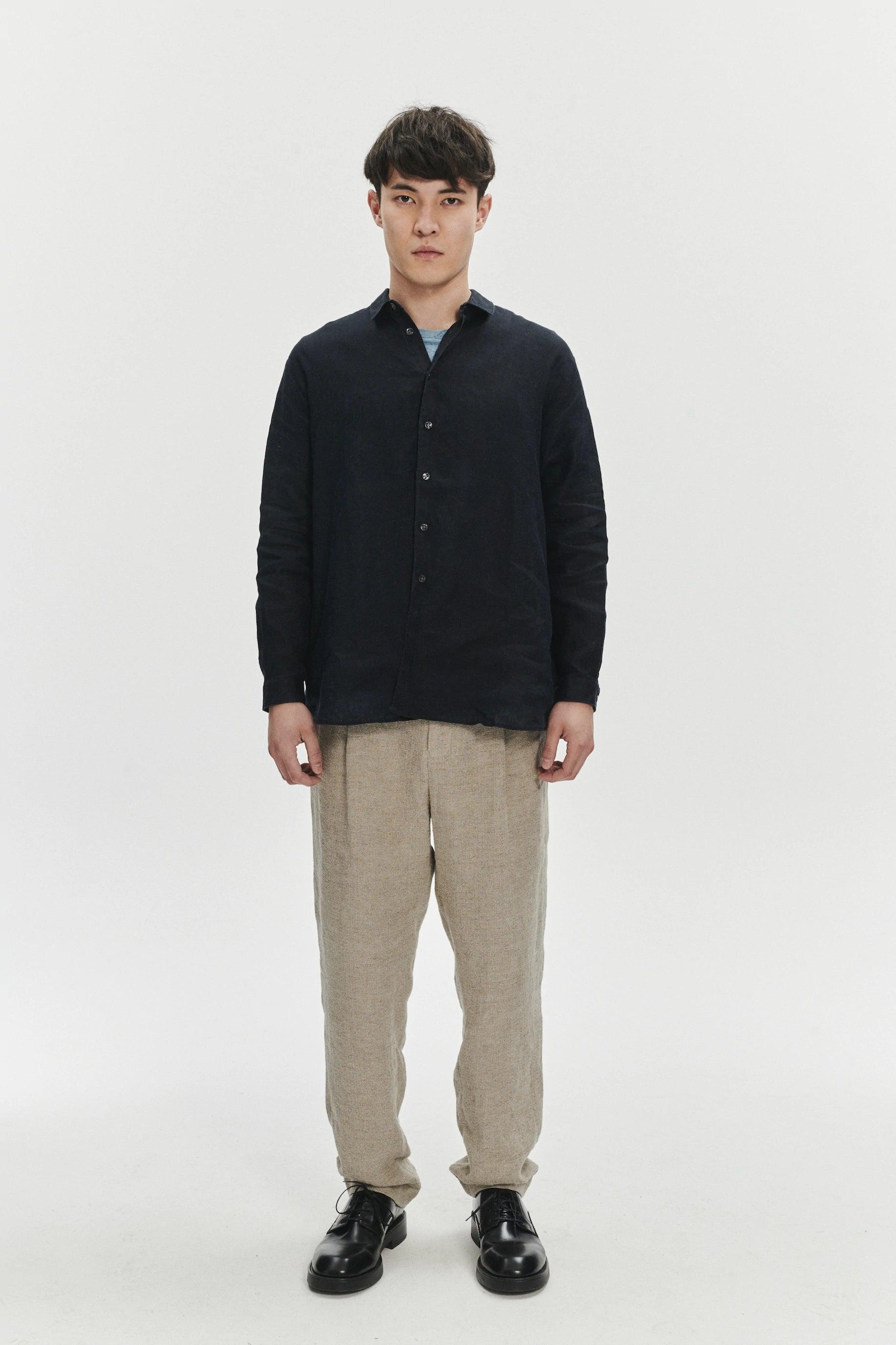 Long Sleeve Oversized Boxy Shirt in a Navy Blue and Turquoise Double Sided Pure Italian Linen