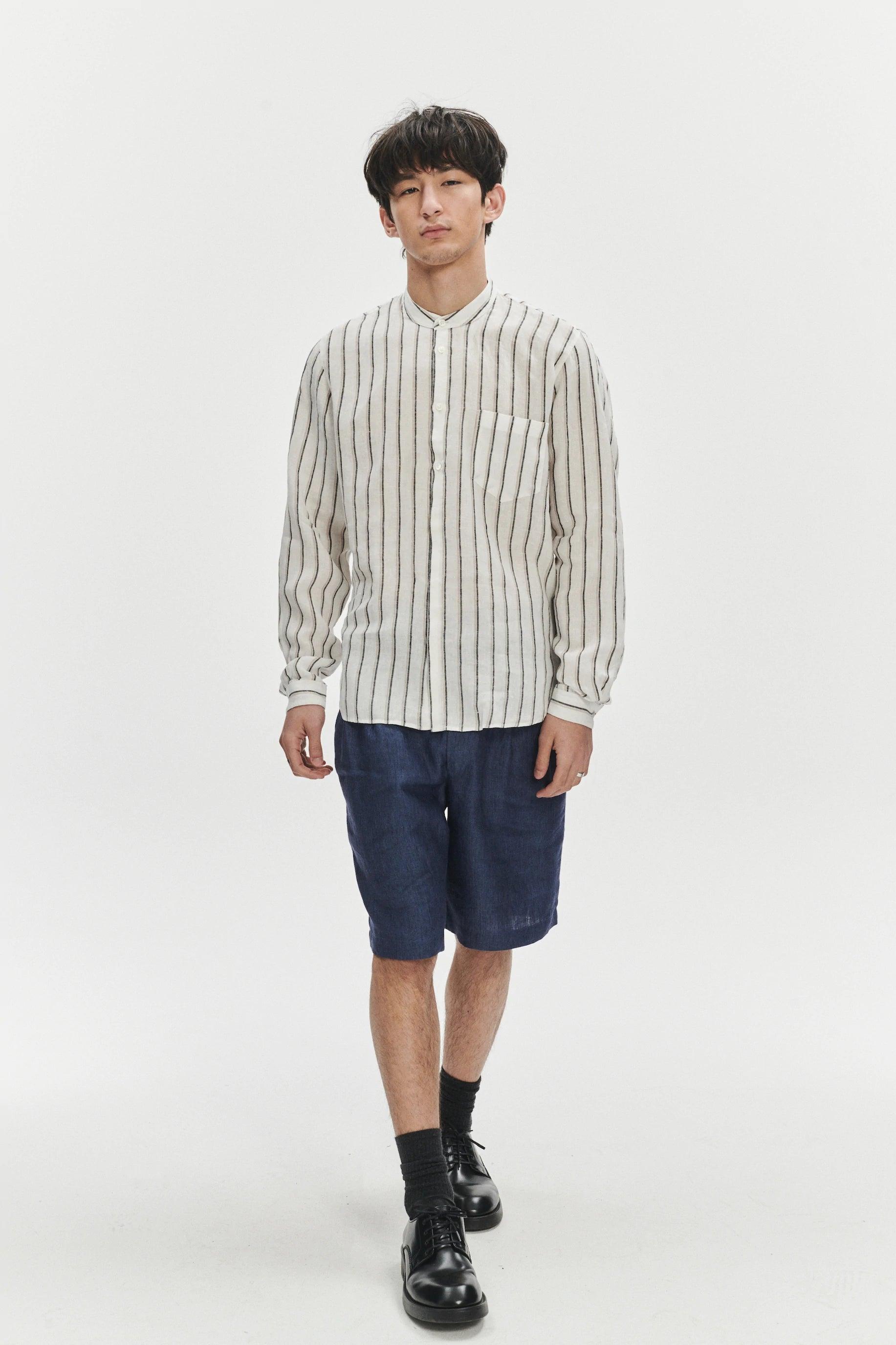Zen Shirt in a Fine White Black and Beige Double Striped Bohemian LInen