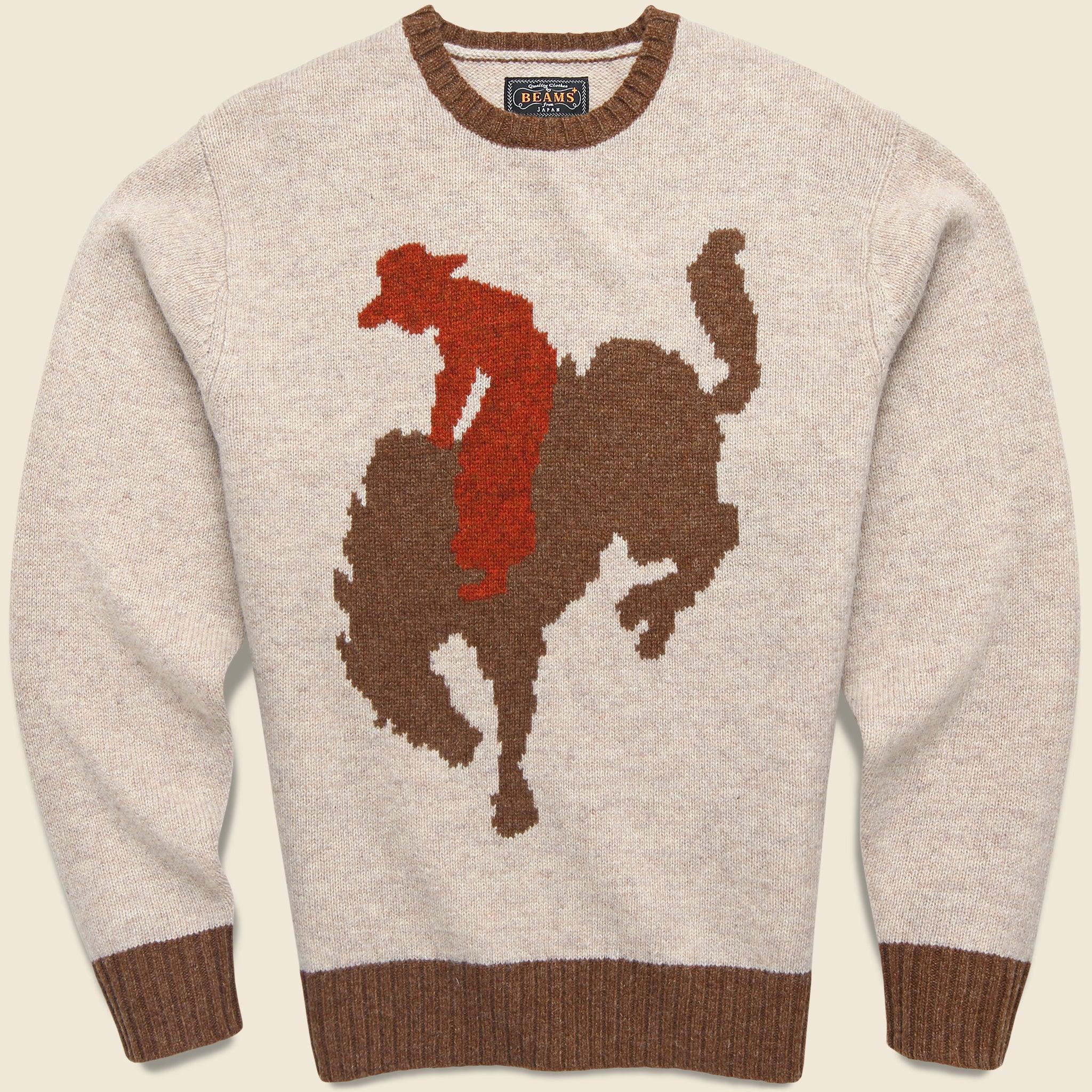 Intarsia Cowboy Crewneck Sweater - Beige