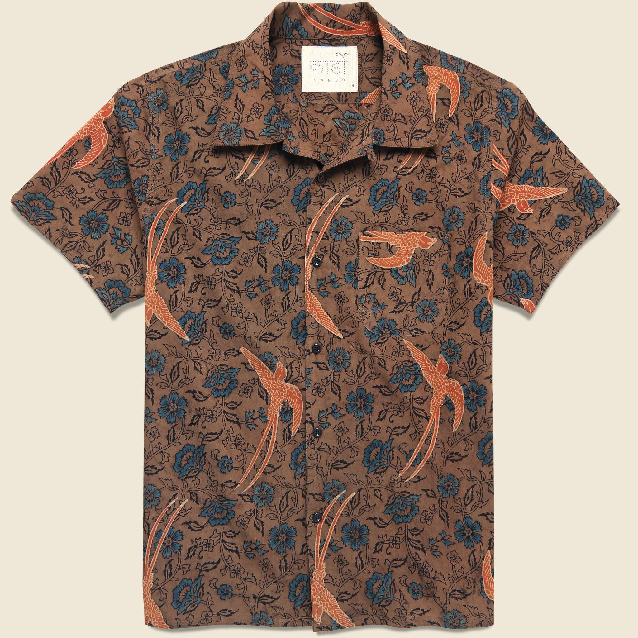 Floral Bird Print Shirt - Brown