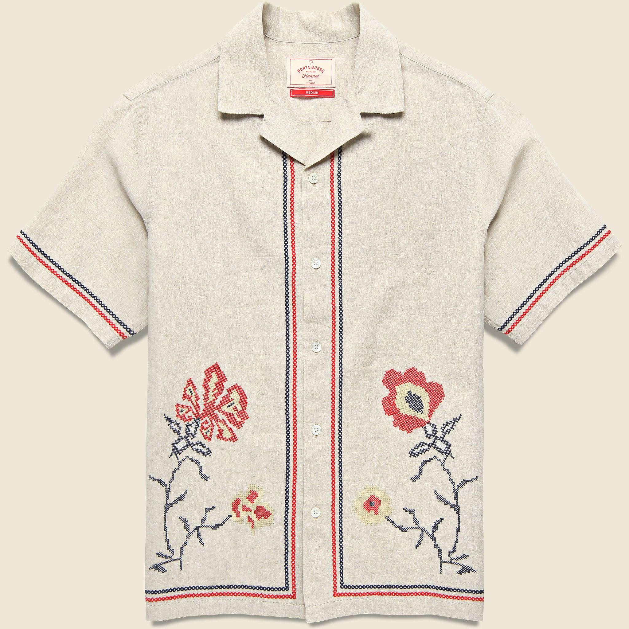 Cross Stitch Camp Shirt - Ecru