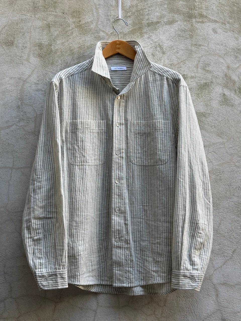 【INDI+ASH】RIOS WORKSHIRT Natural Midnight Teal Ticking Stripe 天然手染手織條紋襯衫