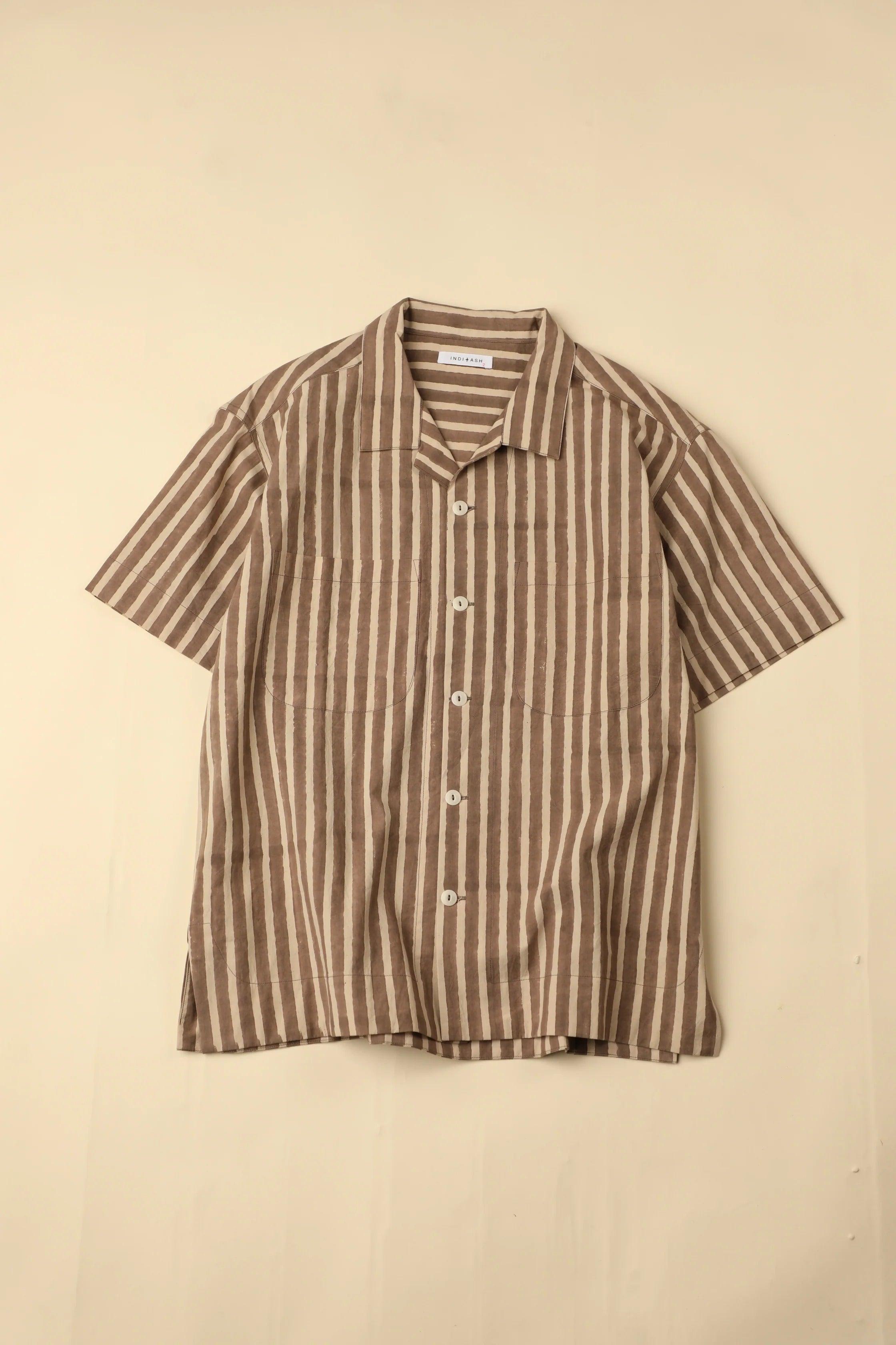 【INDI+ASH】LAKE CAMP SHIRT - Organic Cotton Sheeting Block Print Stripe 奶茶色手印線條短袖古巴襯衫