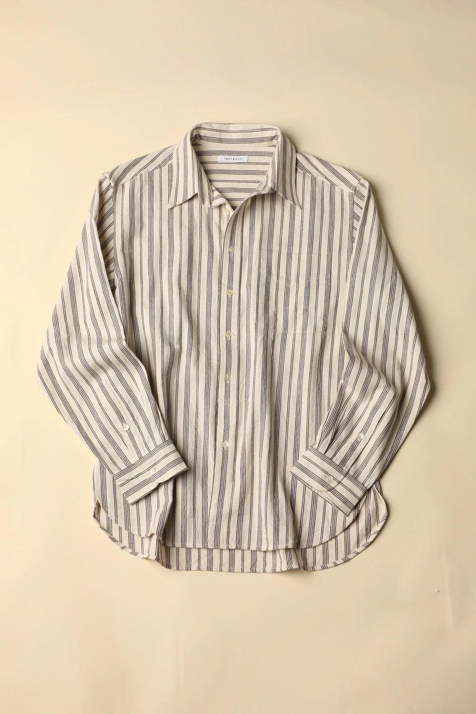 【INDI+ASH】LS BROOK SHIRT - Handwoven Kala Cotton Variegated Stripe 卡拉棉植物染李紫色條紋襯衫