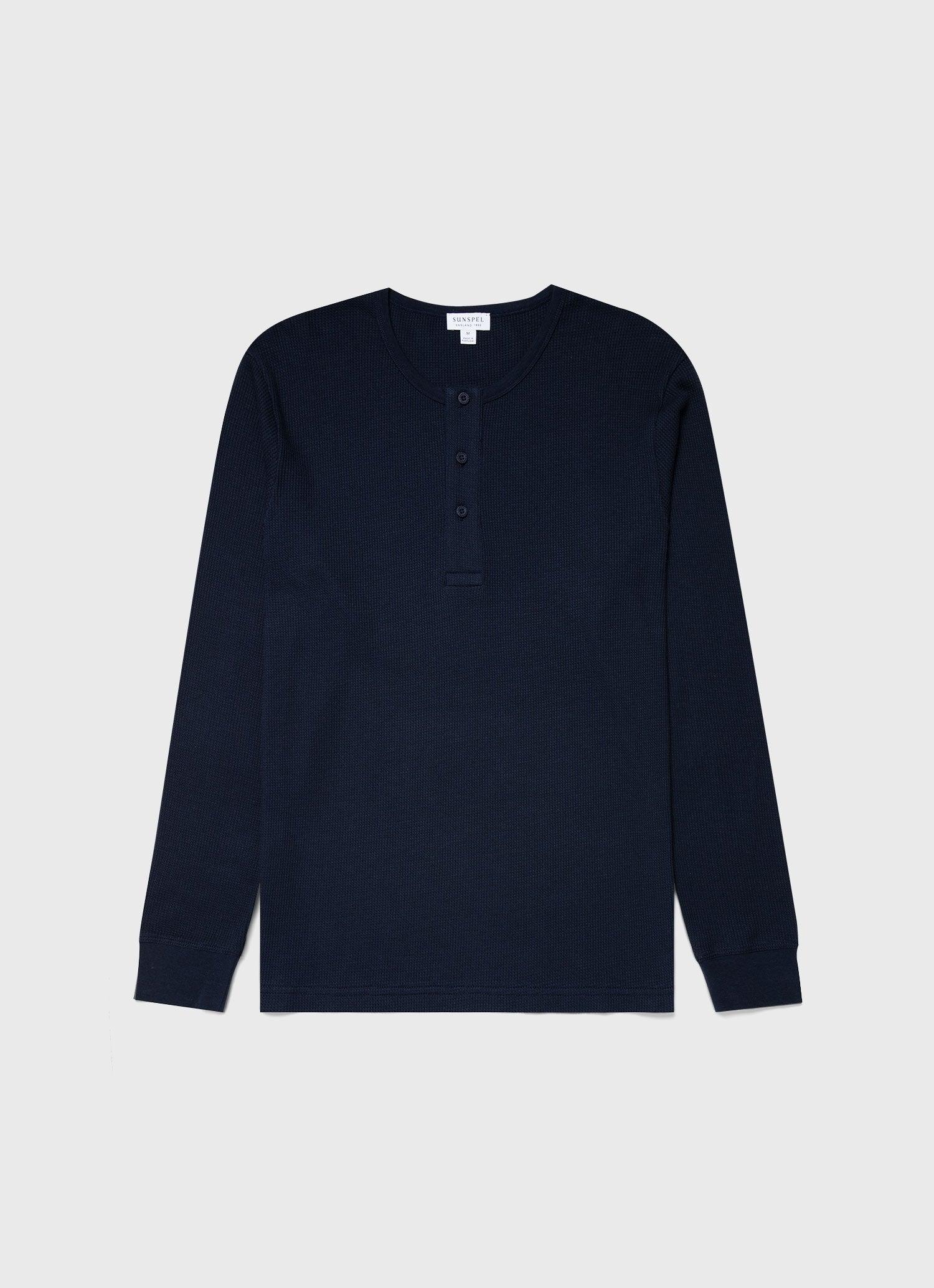 Supima Long Sleeve Waffle Henley Navy 海軍藍頂級匹馬棉格紋亨利領長袖