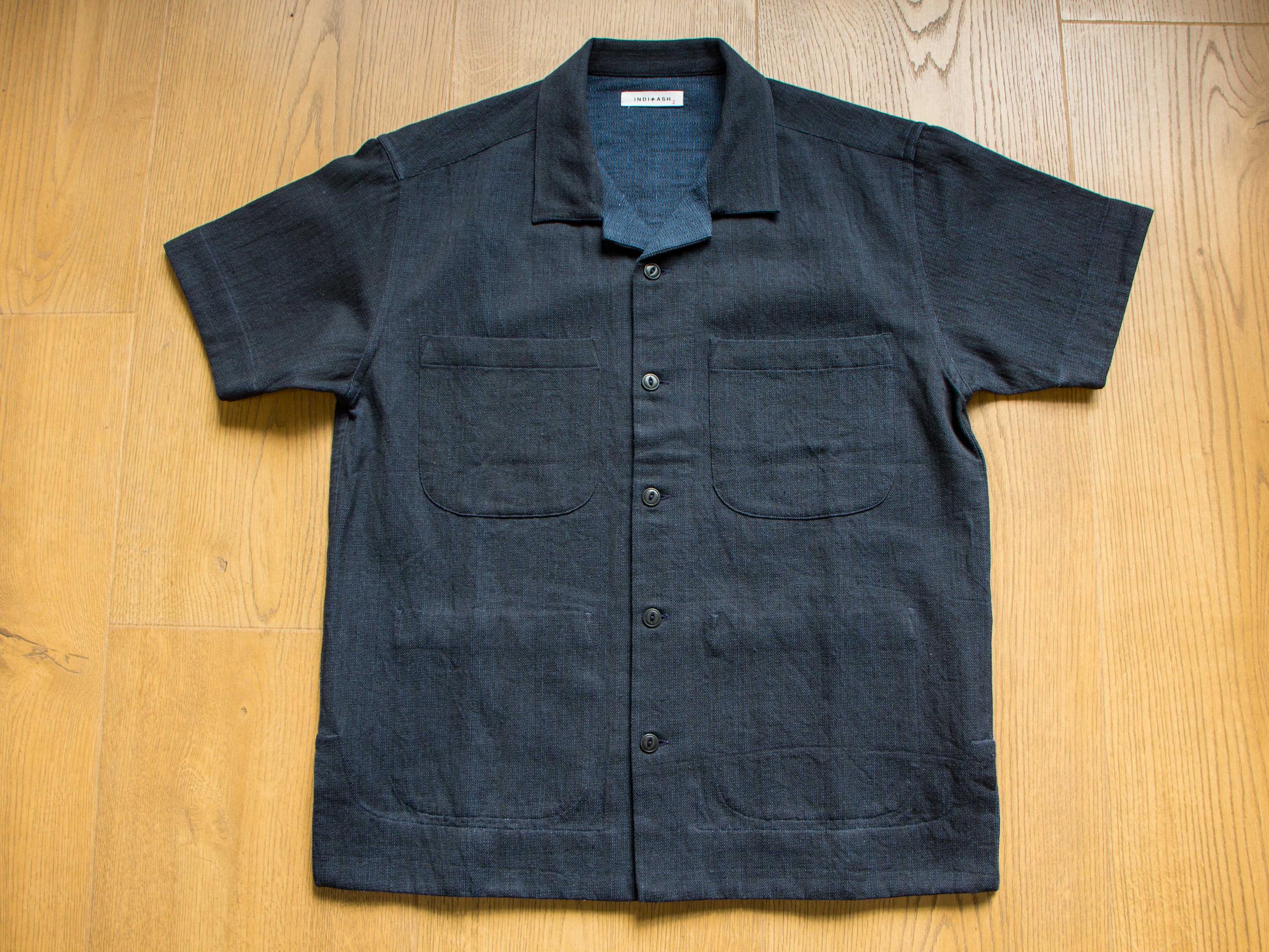 【INDI+ASH】Reversible Lake Camp Shirt Iron/Indigo 手染手織魚骨紋雙面穿厚磅短袖襯衫鐵黑藍染