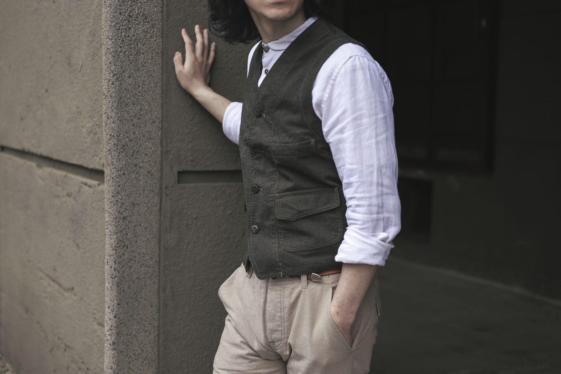Cotton Linen Blend Work Vest Dark Green 403 SM407 棉麻混紡 義式工裝背心 深綠