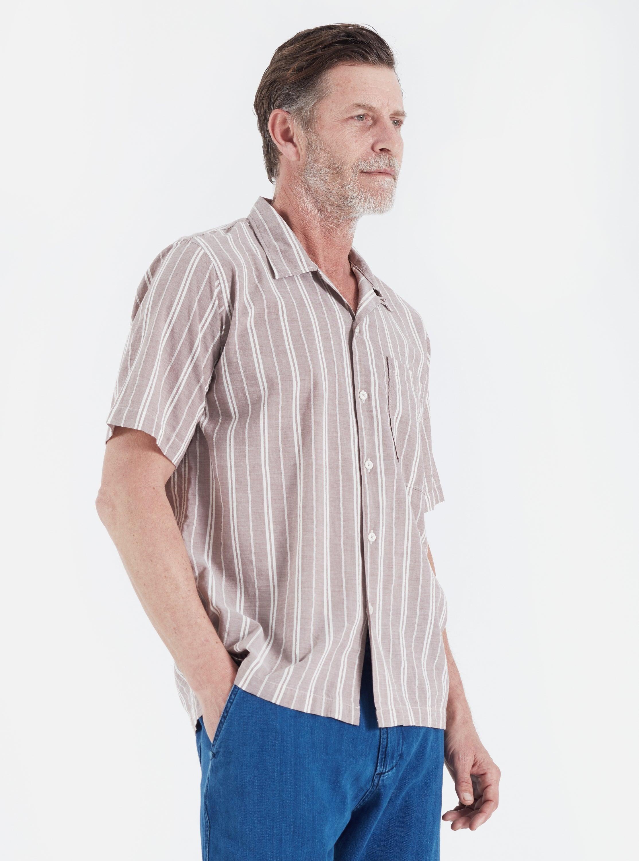 Camp Shirt In Brown Nisi Cotton / 義大利輕磅復古立體條紋布 50年代開領短袖襯衫