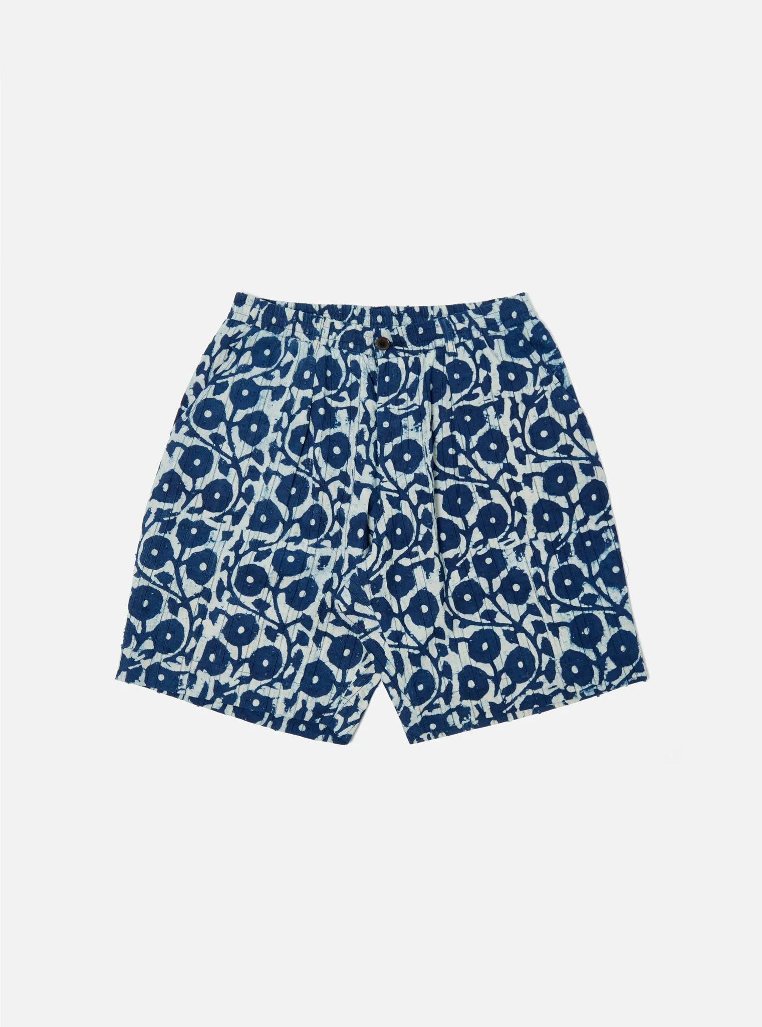 Pleated Track Short In Indigo Hand Print Cotton / 印度手印藍染 立體緹花布 寬鬆短褲