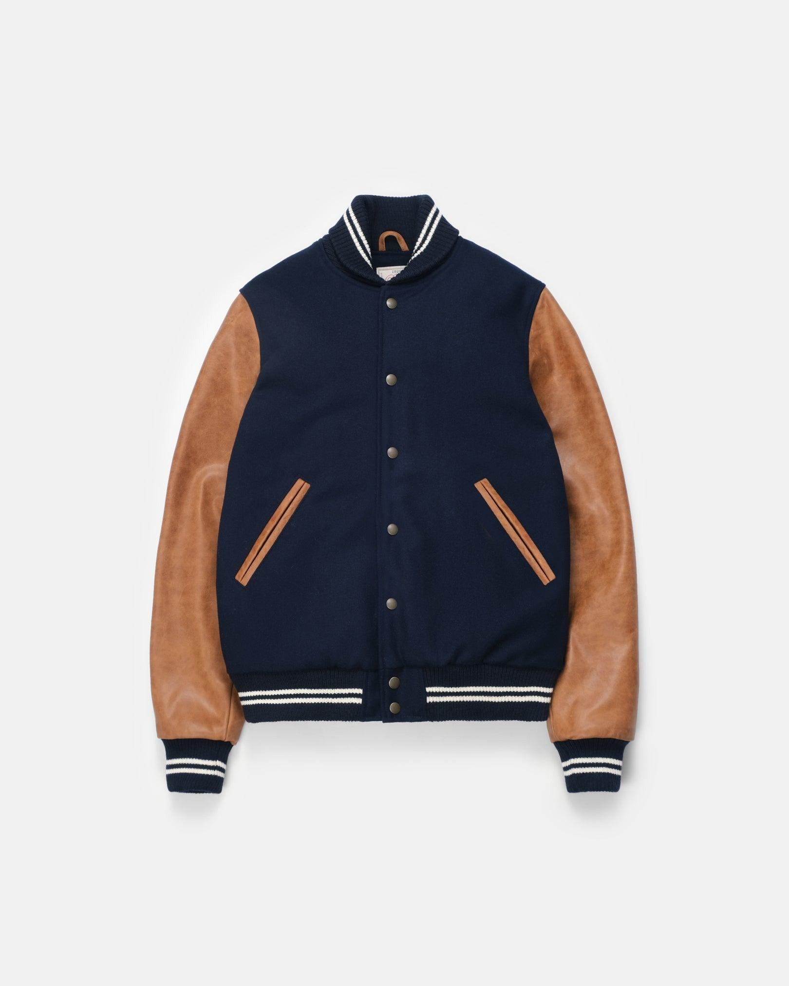 1920】Varsity Jacket - Dark Navy Melton, Antique Rust 校隊外套深藍拼接復古咖啡皮袖
