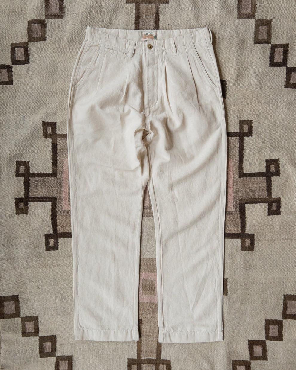 Pleated Slub Cotton Linen Twill Chino - Unbleached 原棉色棉麻混紡高腰寬鬆直筒卡其褲