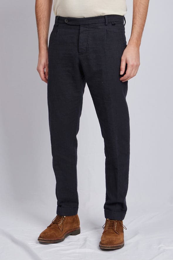 Garments】PAUL hemp cotton navy stripe 3219 羊毛混棉麻細緻條紋休閒西裝長褲
