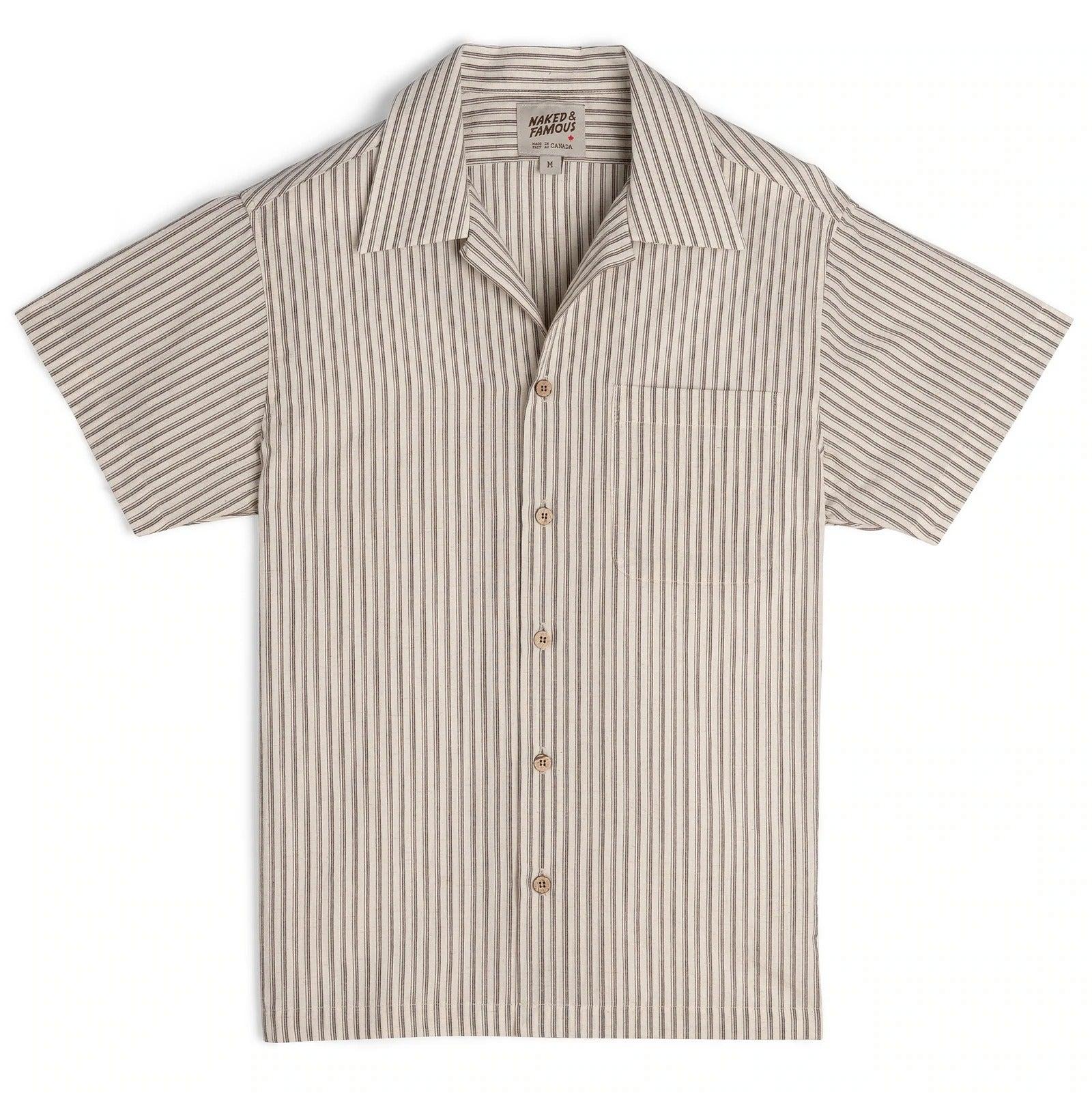【Naked and Famous】Aloha Shirt Vintage Broad Cloth - Cream／棉麻混紡條紋短袖襯衫