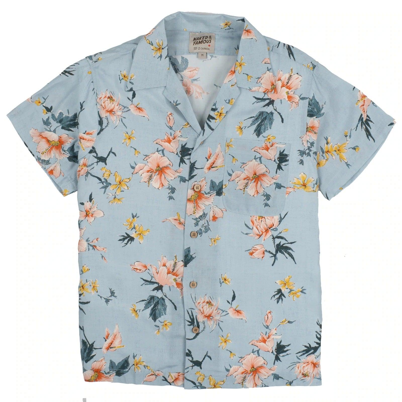 【Naked and Famous】Aloha Shirt Silky Flowers - Pale Blue／絲質夏威夷灰藍花襯衫