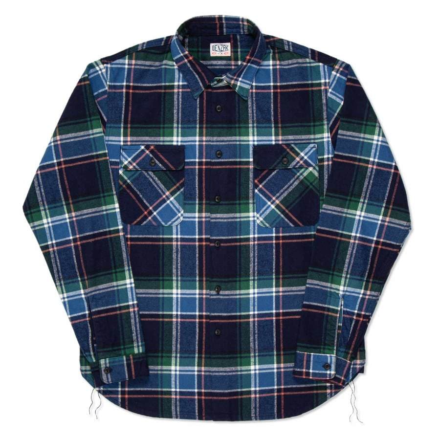 刷毛法藍絨 工作襯衫／BWS-01 blue & green check flannel