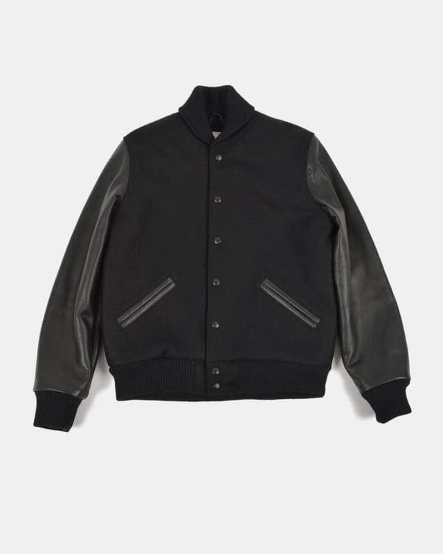 1920】Varsity Jacket - Black, Black 校隊外套黑色拼接黑皮袖