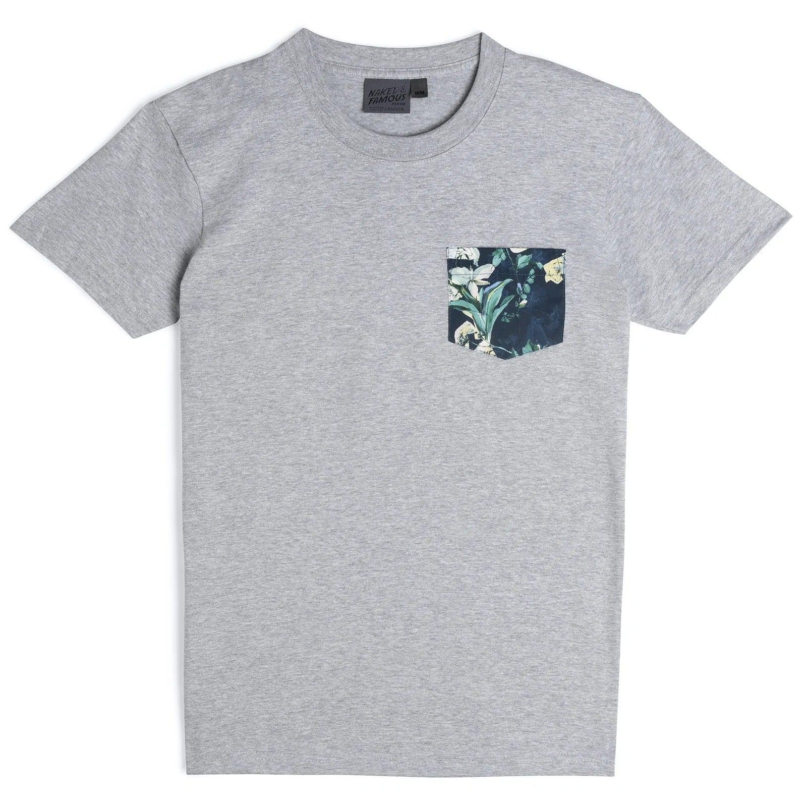 【Naked and Famous】Pocket Tee - Heather Grey + Flower Painting - Navy/花朵口袋灰色短T