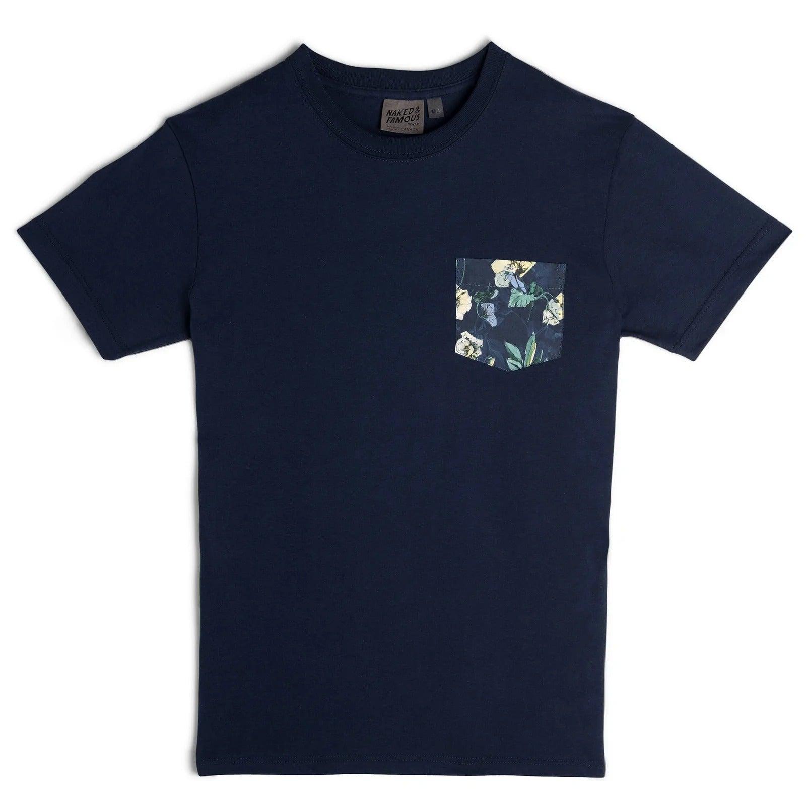 【Naked and Famous】Pocket Tee - Navy + Flower Painting - Navy／花朵口袋海軍藍短T
