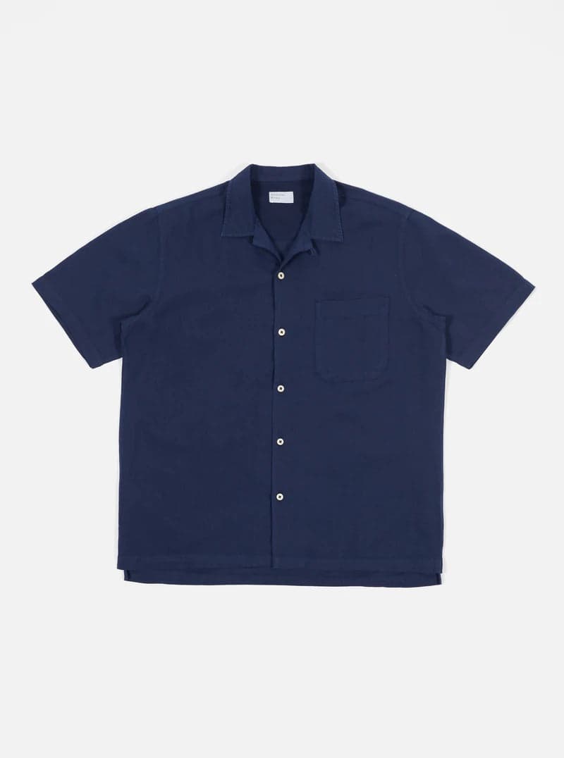 Camp Shirt In Navy Linen Cotton／棉麻混紡海軍藍短袖襯衫