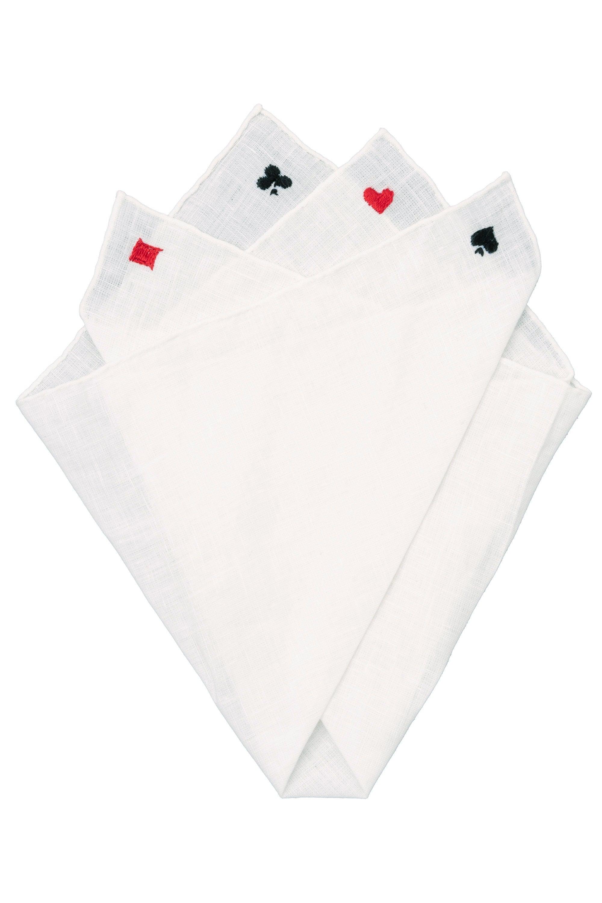 White Poker Card Suits Embroidered Linen Pocket Square