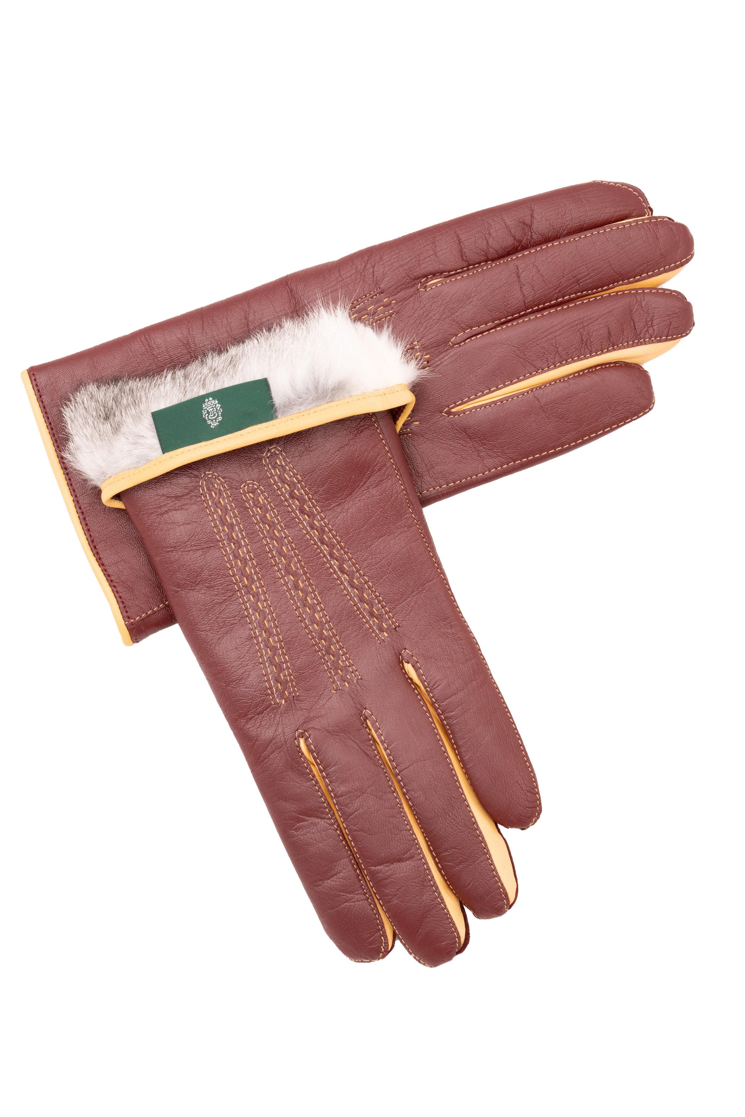 Burgundy & Sand Rabbit Fur Lined Lamb Nappa Touchscreen Gloves