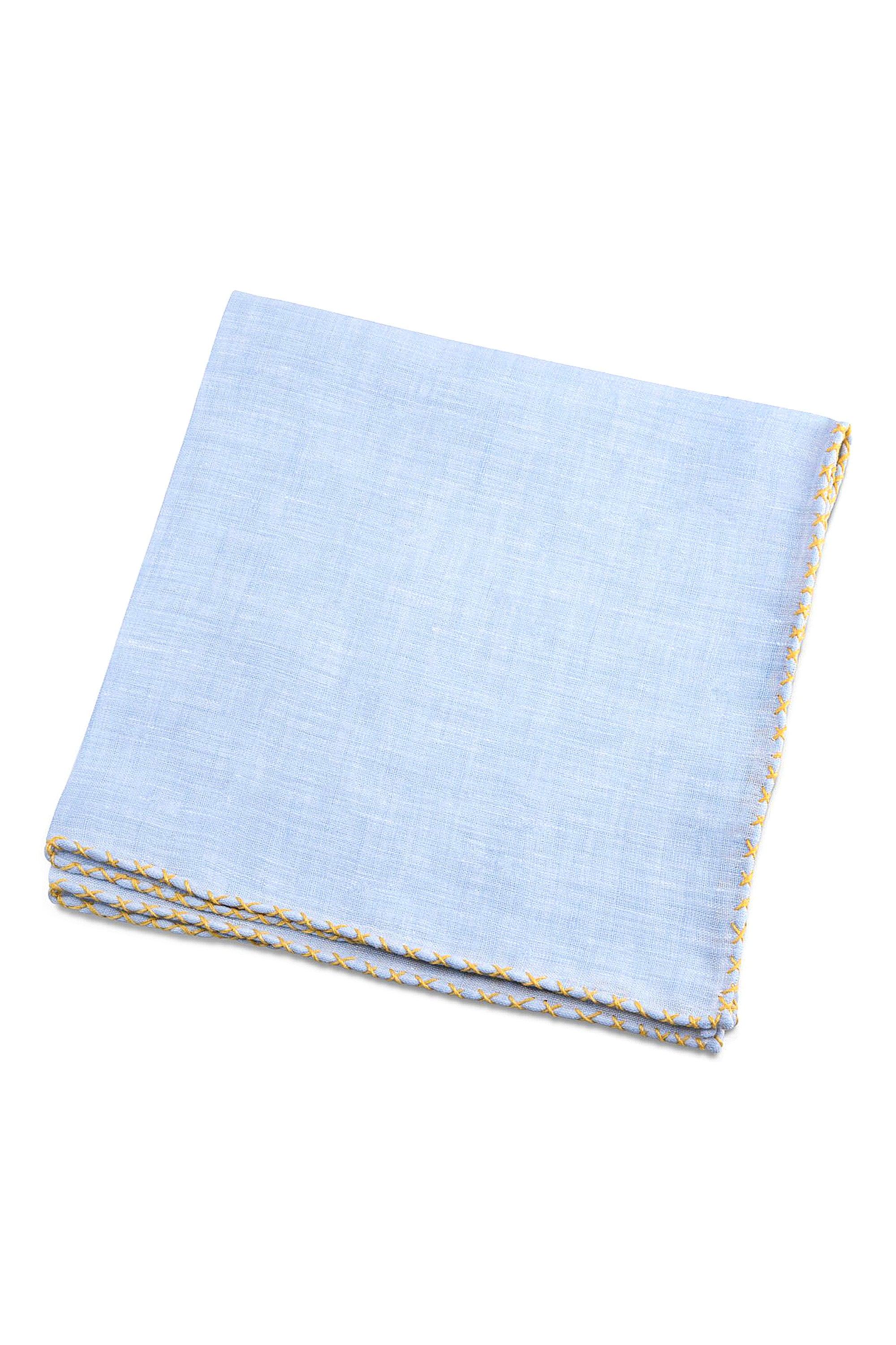 Yellow X-Stitch Edge Light Blue Linen Pocket Square