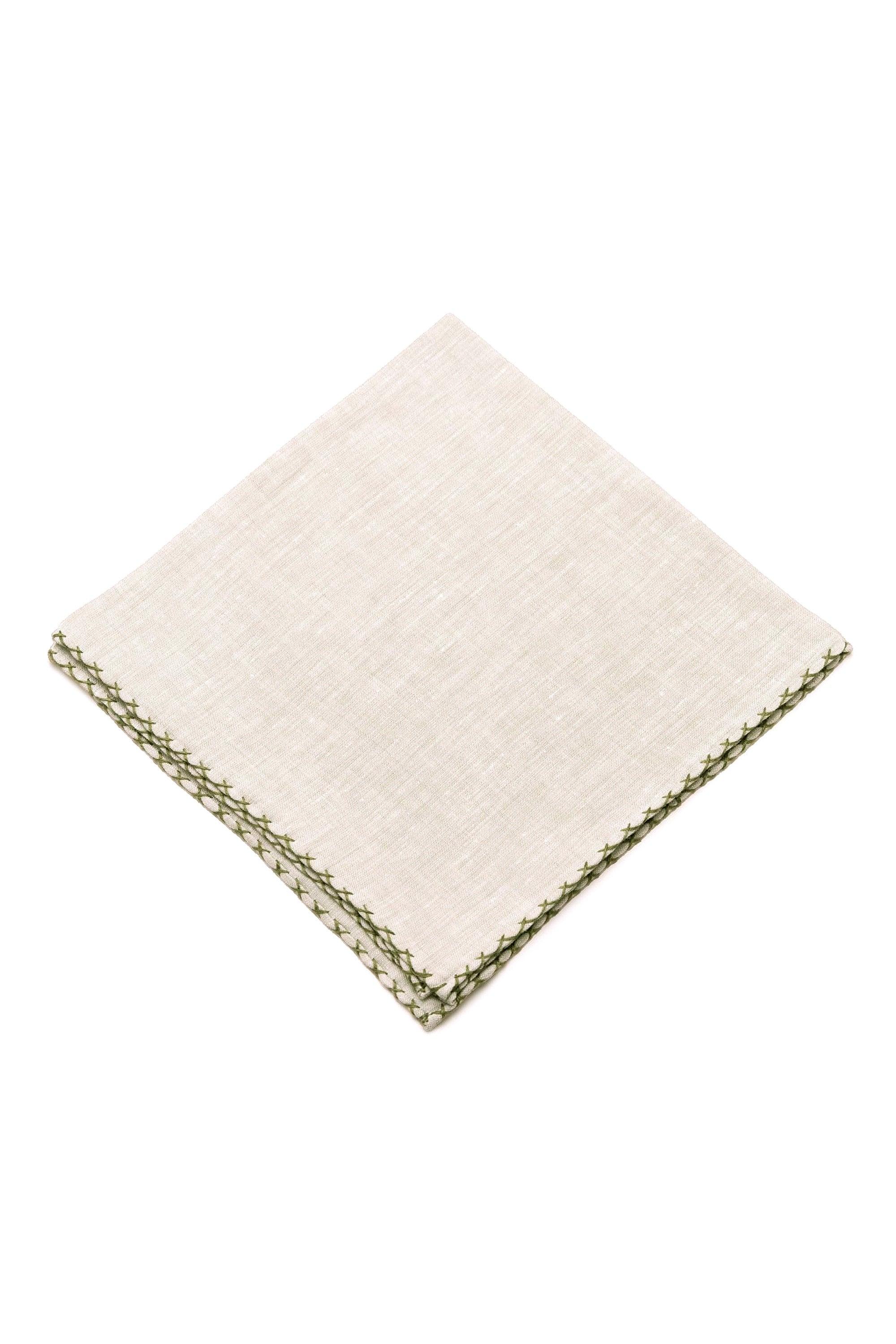 Olive Green X-Stitch Edge Pale Green Linen Pocket Square