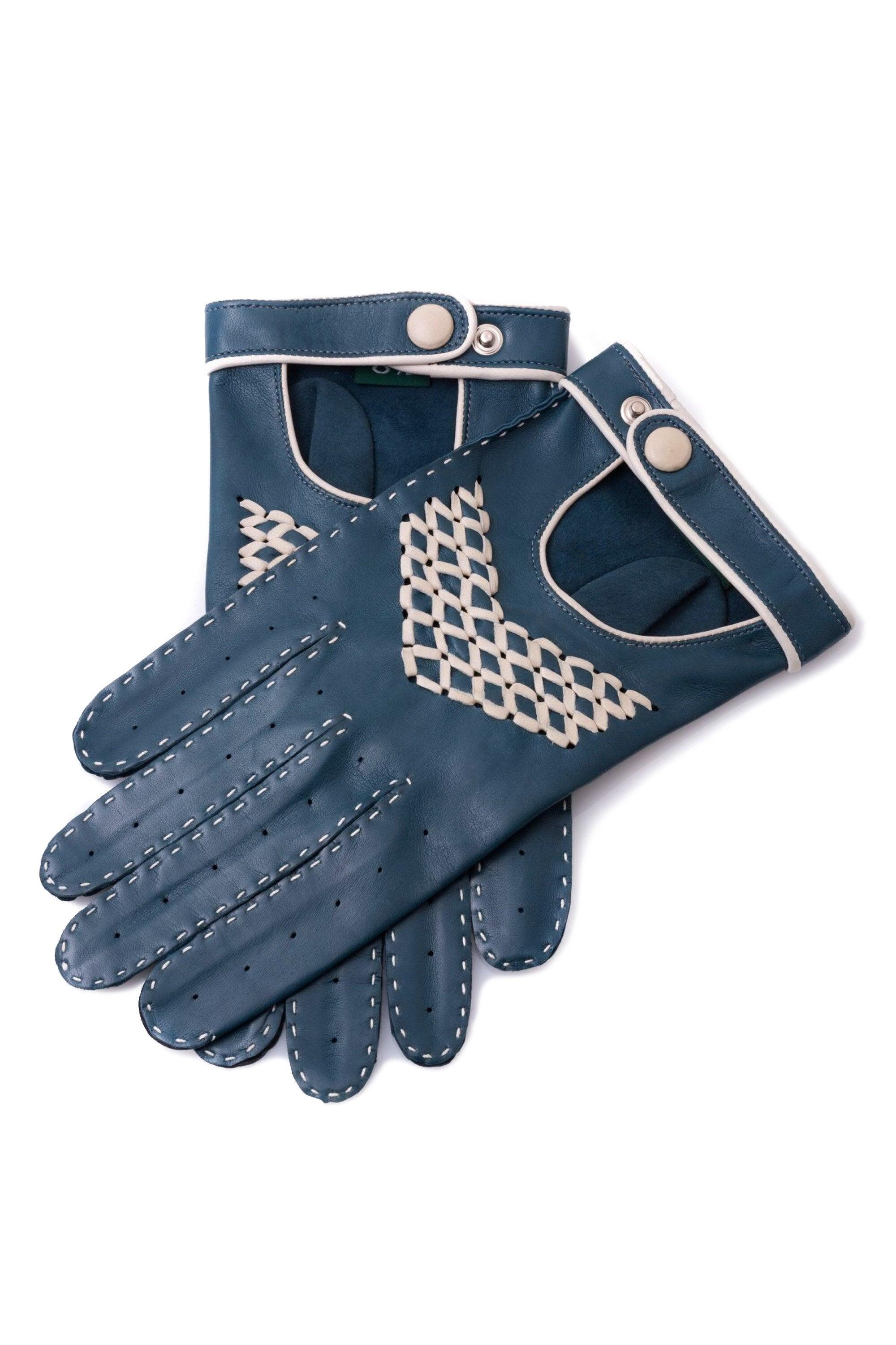 Petrol Blue & Cream Driving Gloves in Lamb Nappa Leather