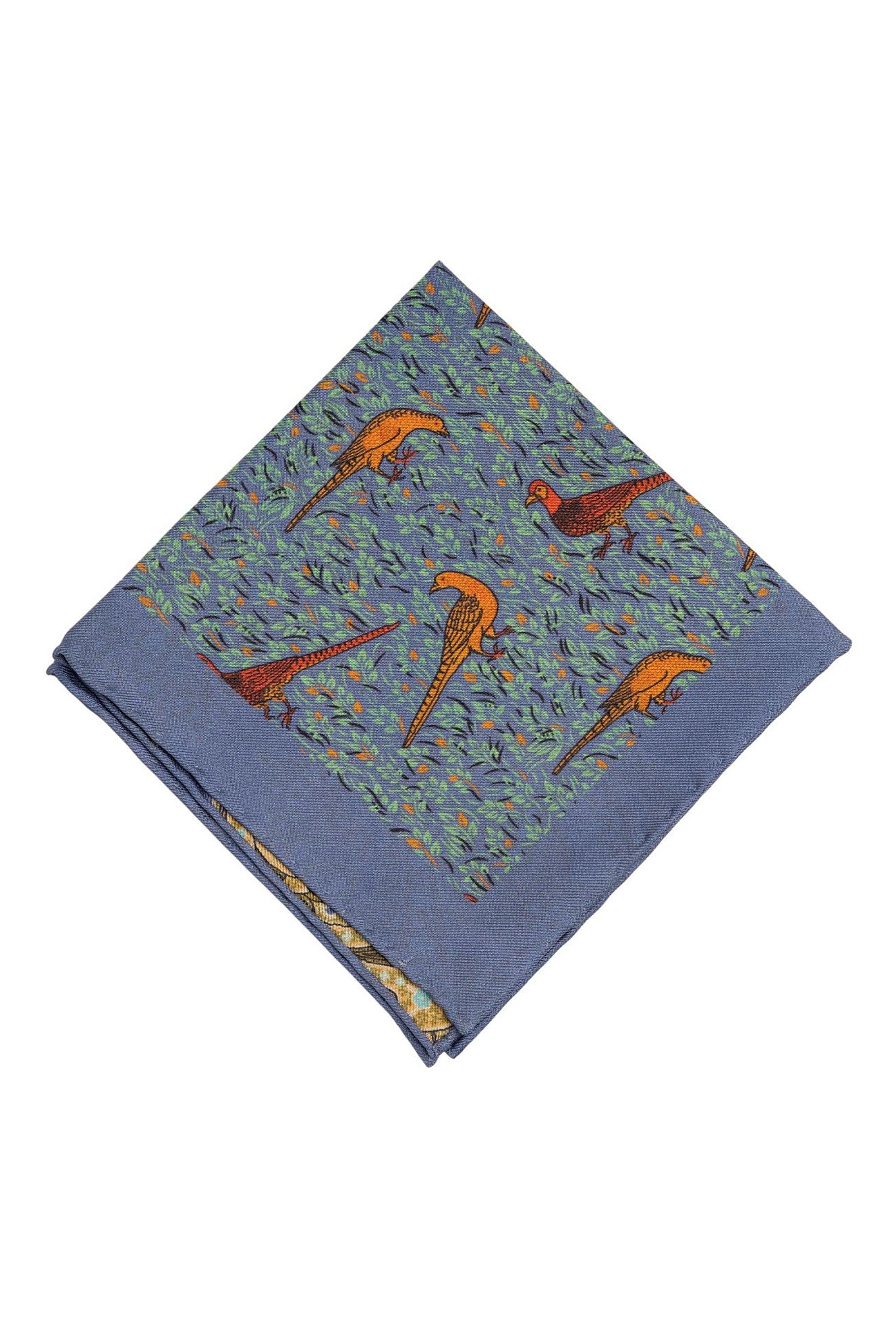 Cornflower Blue Reversible Pheasant & Paisley Silk Pocket Square