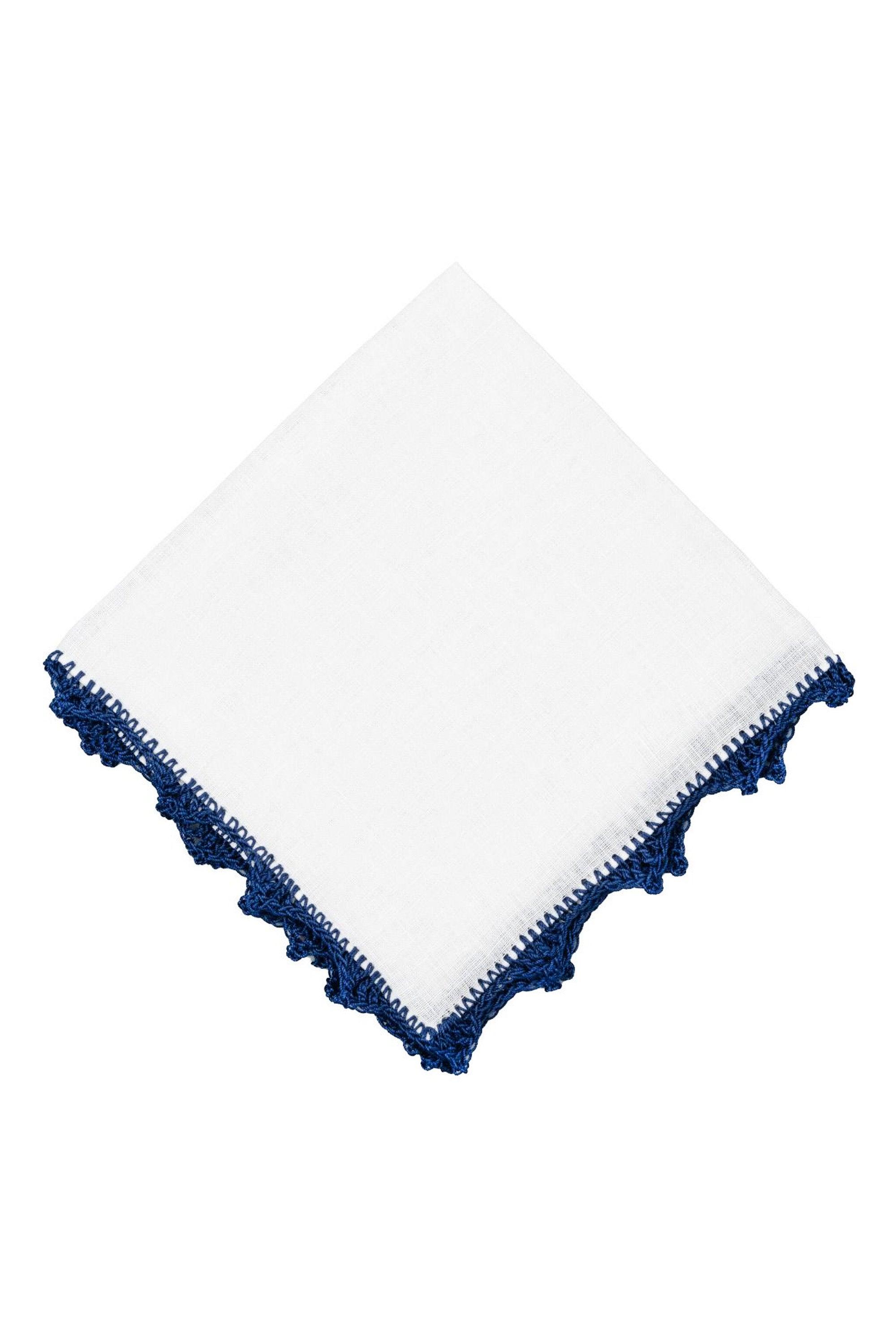 Navy Blue Crochet Edge White Linen Pocket Square