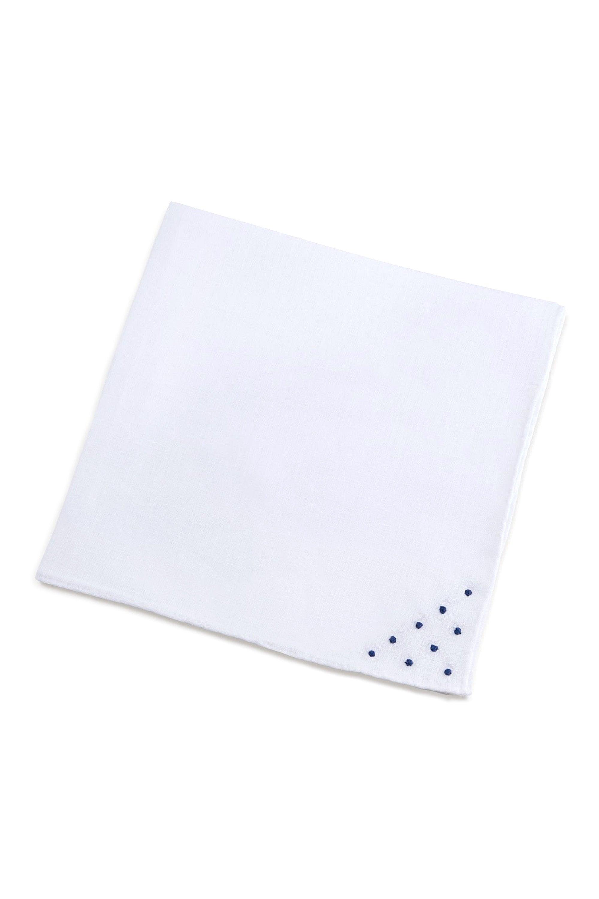 Blue Dot Hand Embroidered White Linen Pocket Square