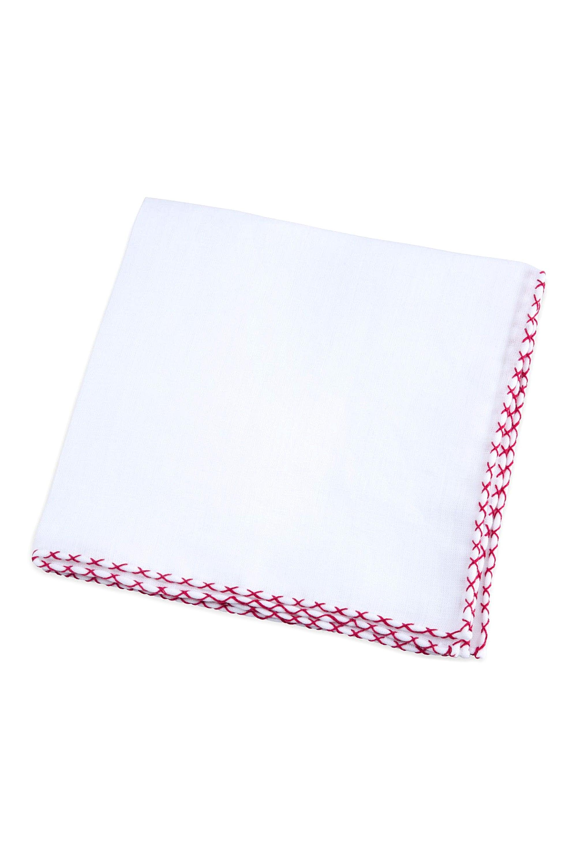 Burgundy X-Stitch Edge White Linen Pocket Square