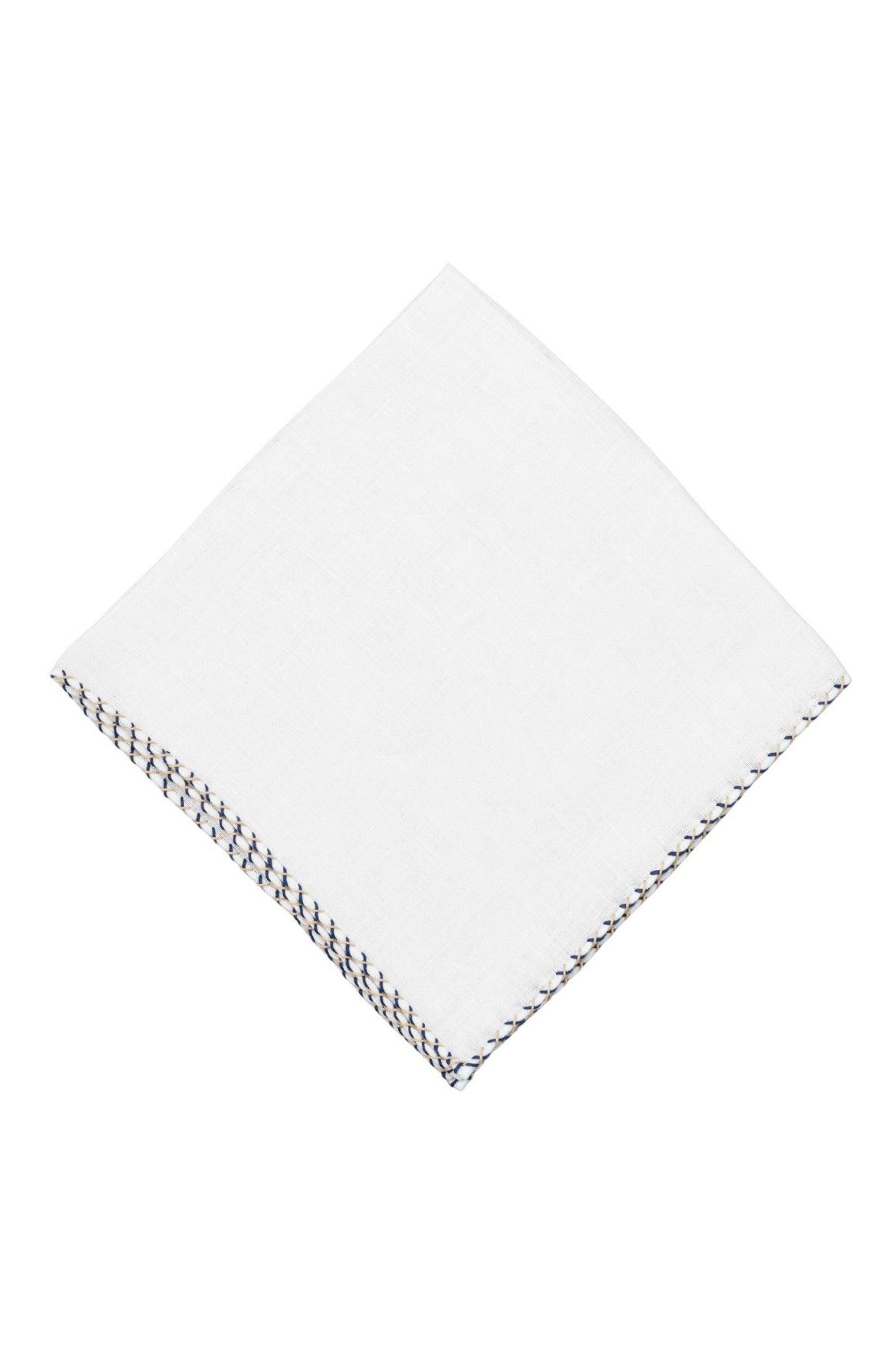 Navy Blue & Khaki X-Stitch Edge White Linen Pocket Square