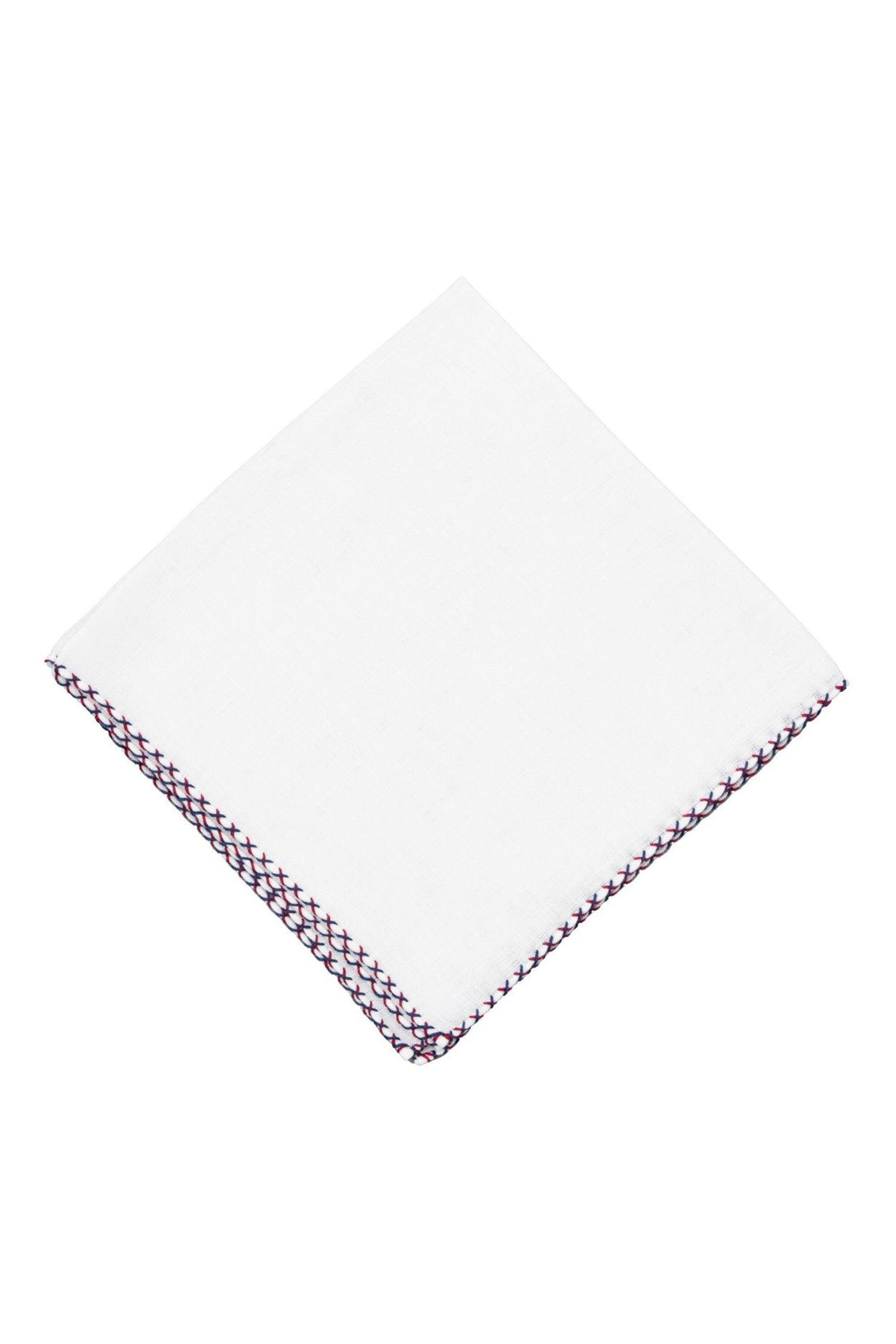 Red & Navy Blue X-Stitch Edge White Linen Pocket Square
