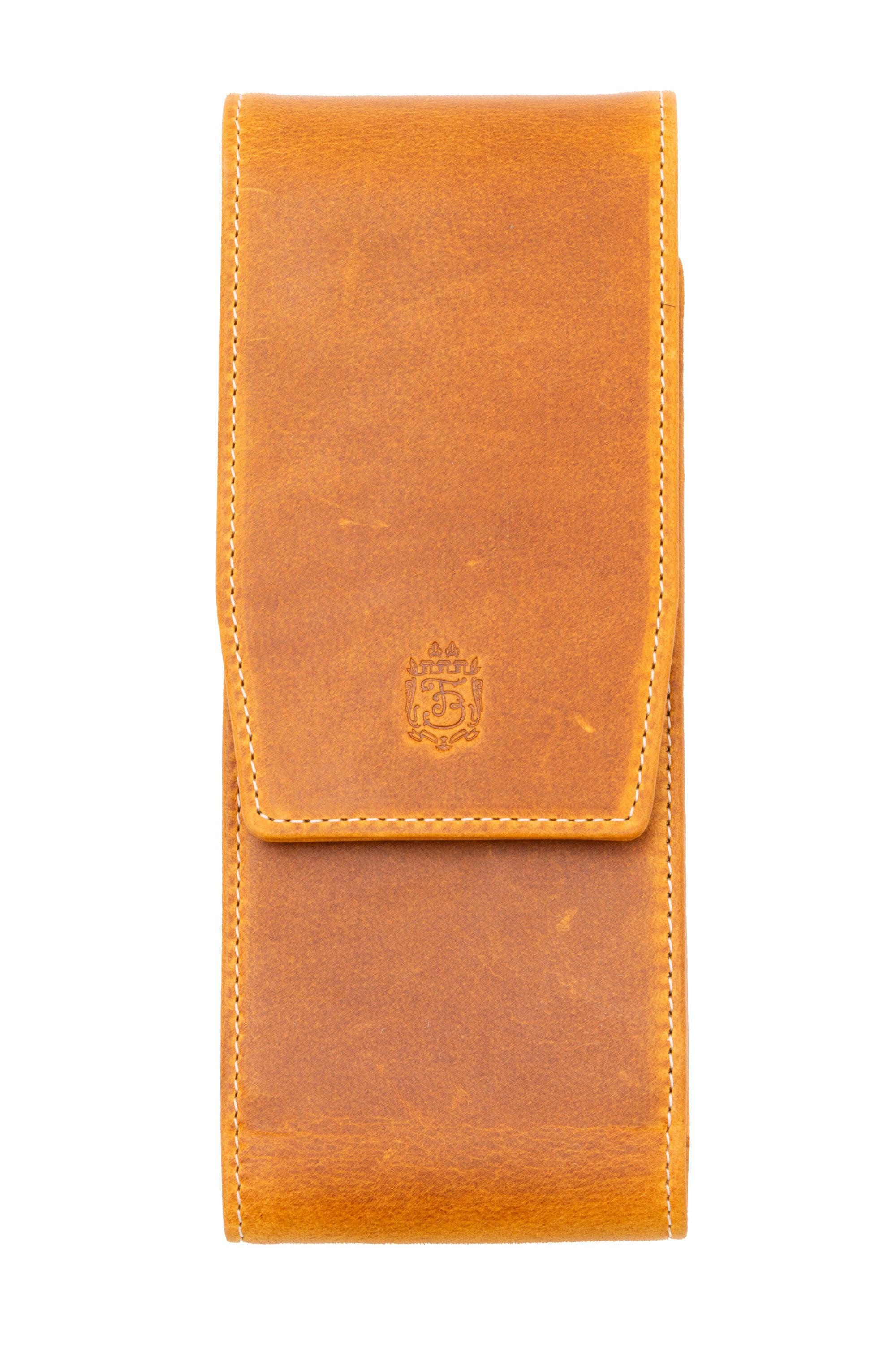3-Pen Vintage Gold Full-Grain Leather Pen Case