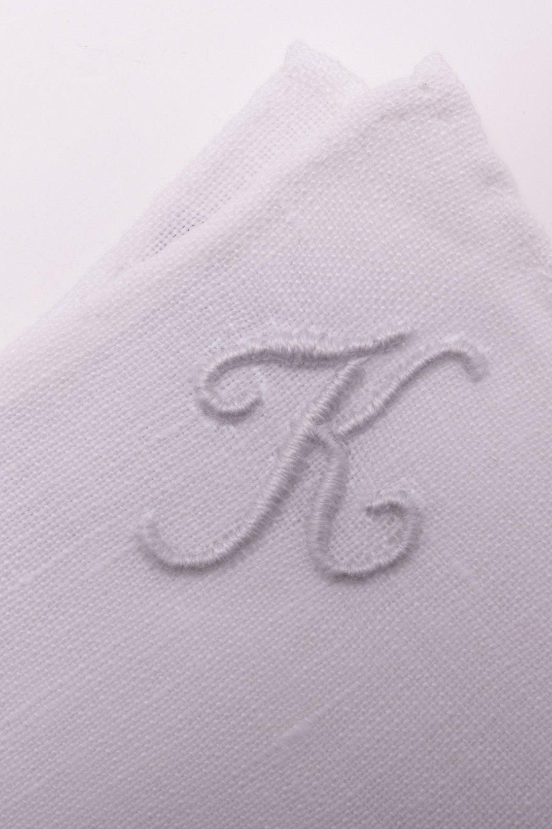 Hand-Embroidered Initial "K" White Linen Pocket Square