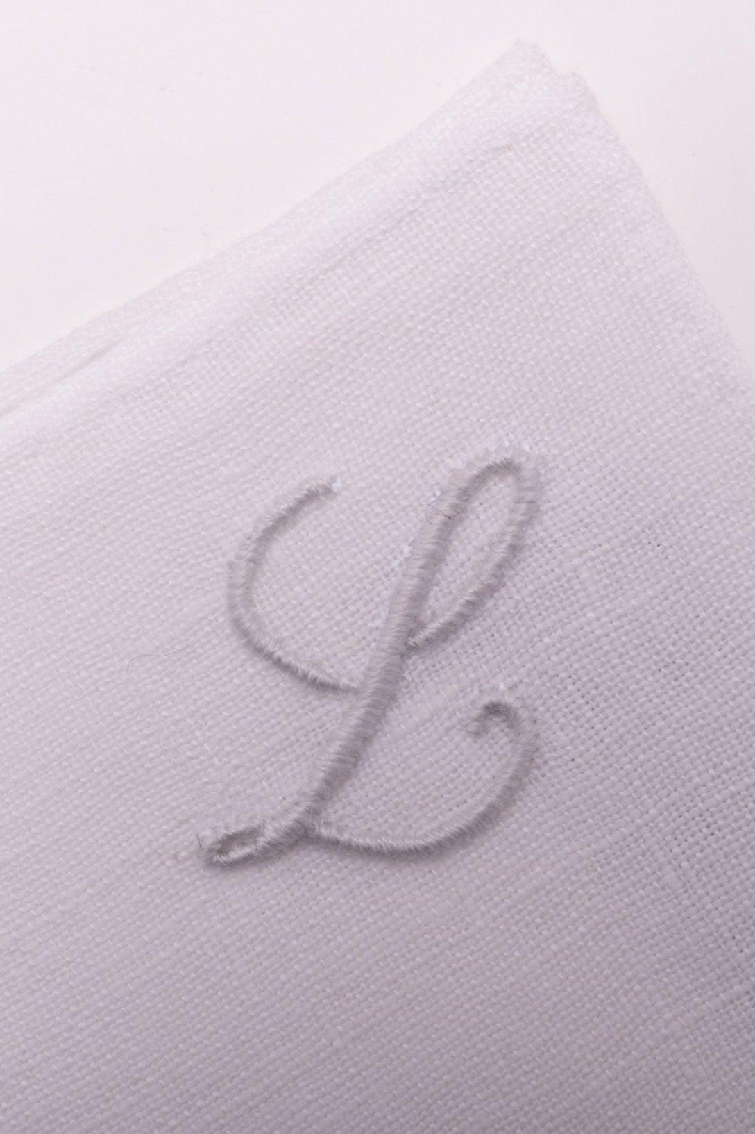 Hand-Embroidered Initial "L" White Linen Pocket Square