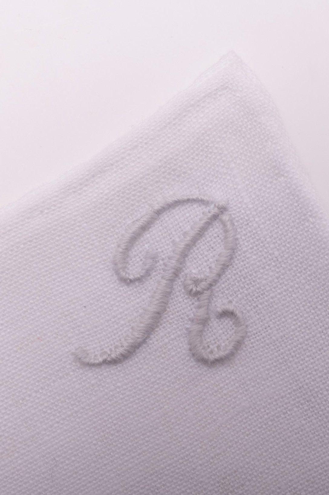 Hand-Embroidered Initial "R" White Linen Pocket Square