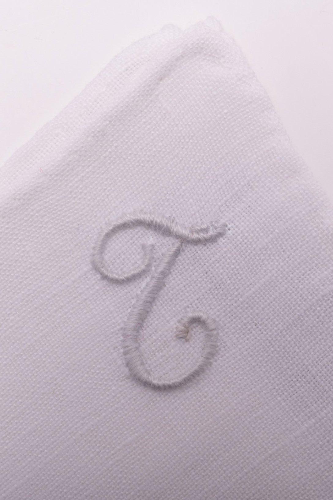 Hand-Embroidered Initial "T" White Linen Pocket Square