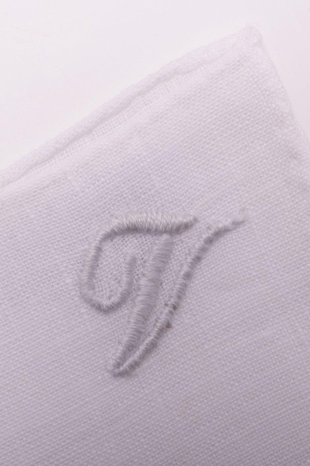 Hand-Embroidered Initial "V" White Linen Pocket Square
