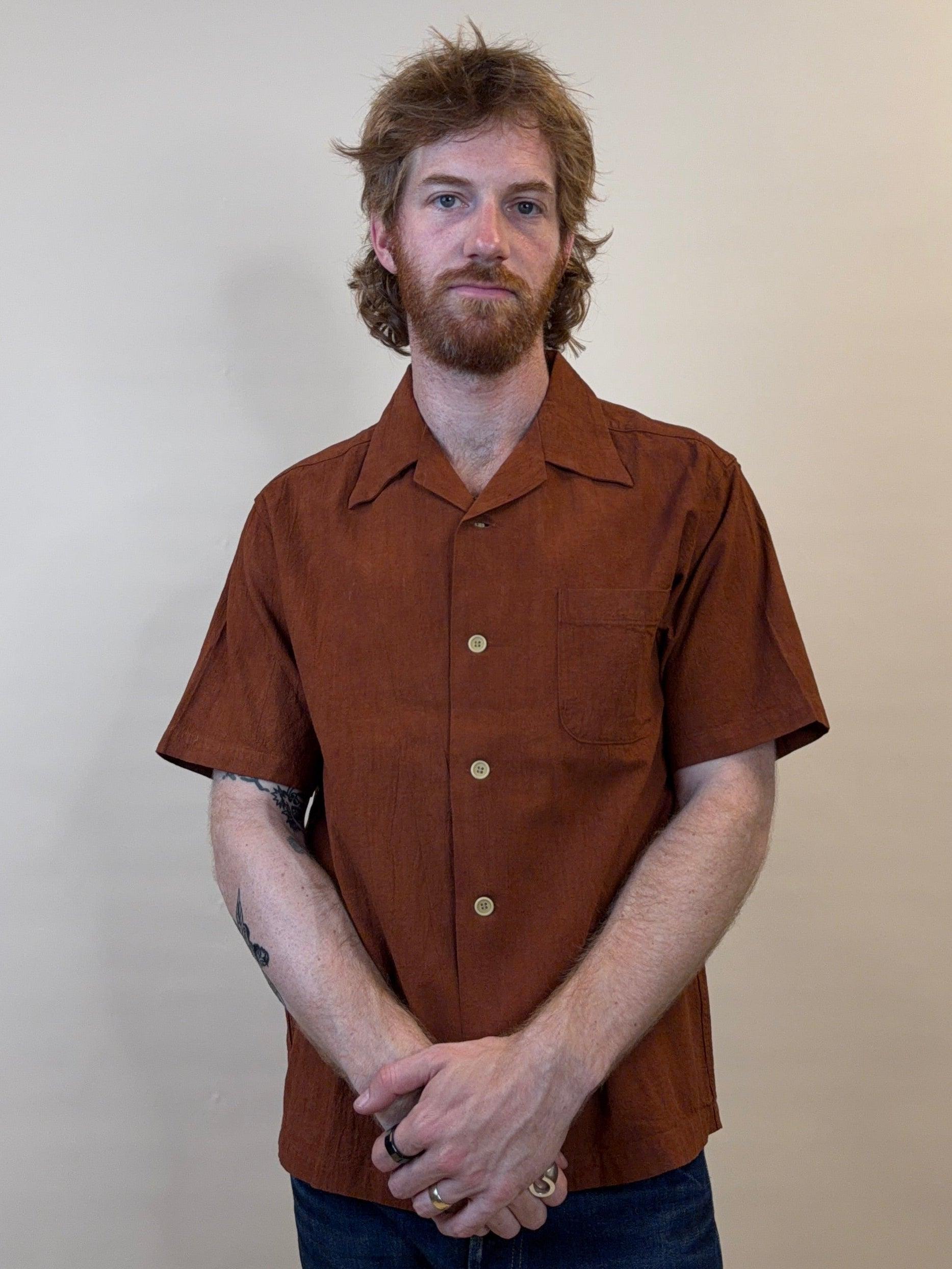 Amami-Mud Dyed Open Collar Shirt Brown